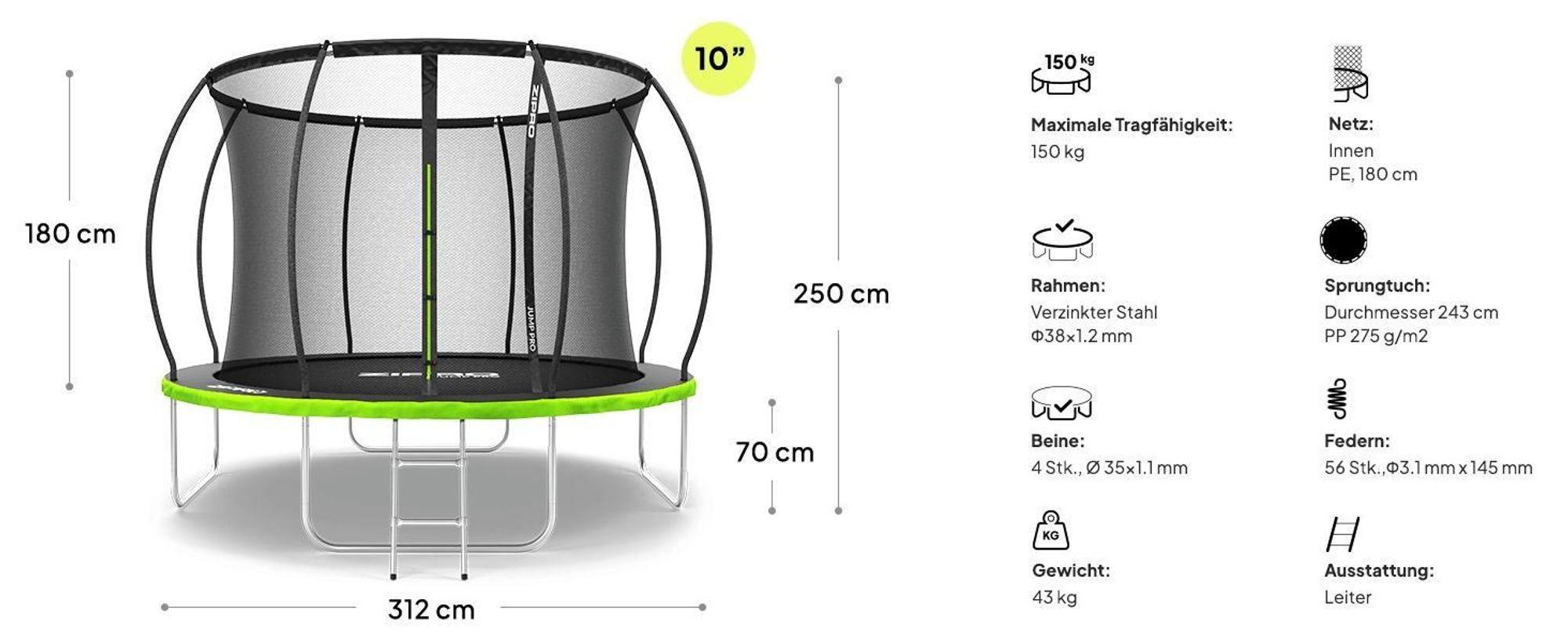 ZIPRO Trampolin Jump Pro Premium | 10FT Ø 312 cm | Gartentrampolin Kindertrampolin Komplett-Set inkl. Netz, Leiter & Randabdeckung, Outdoor, Grün