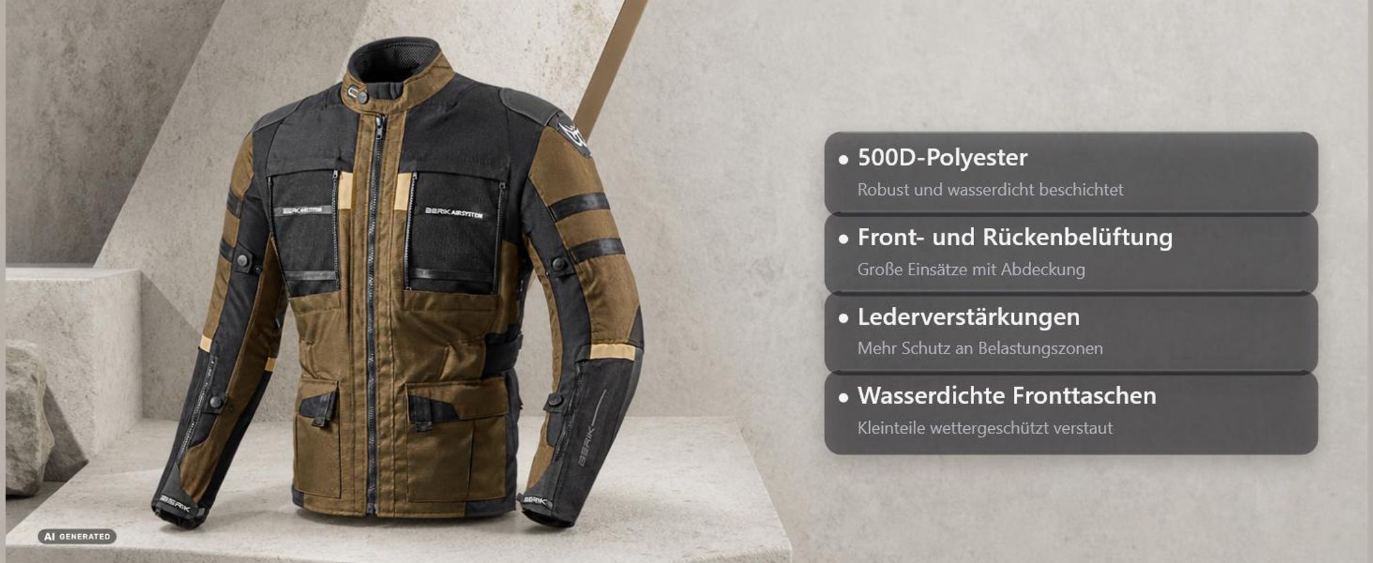 Berik Absolute Zero RX wasserdichte Motorrad Textiljacke, schwarz/oliv, 52