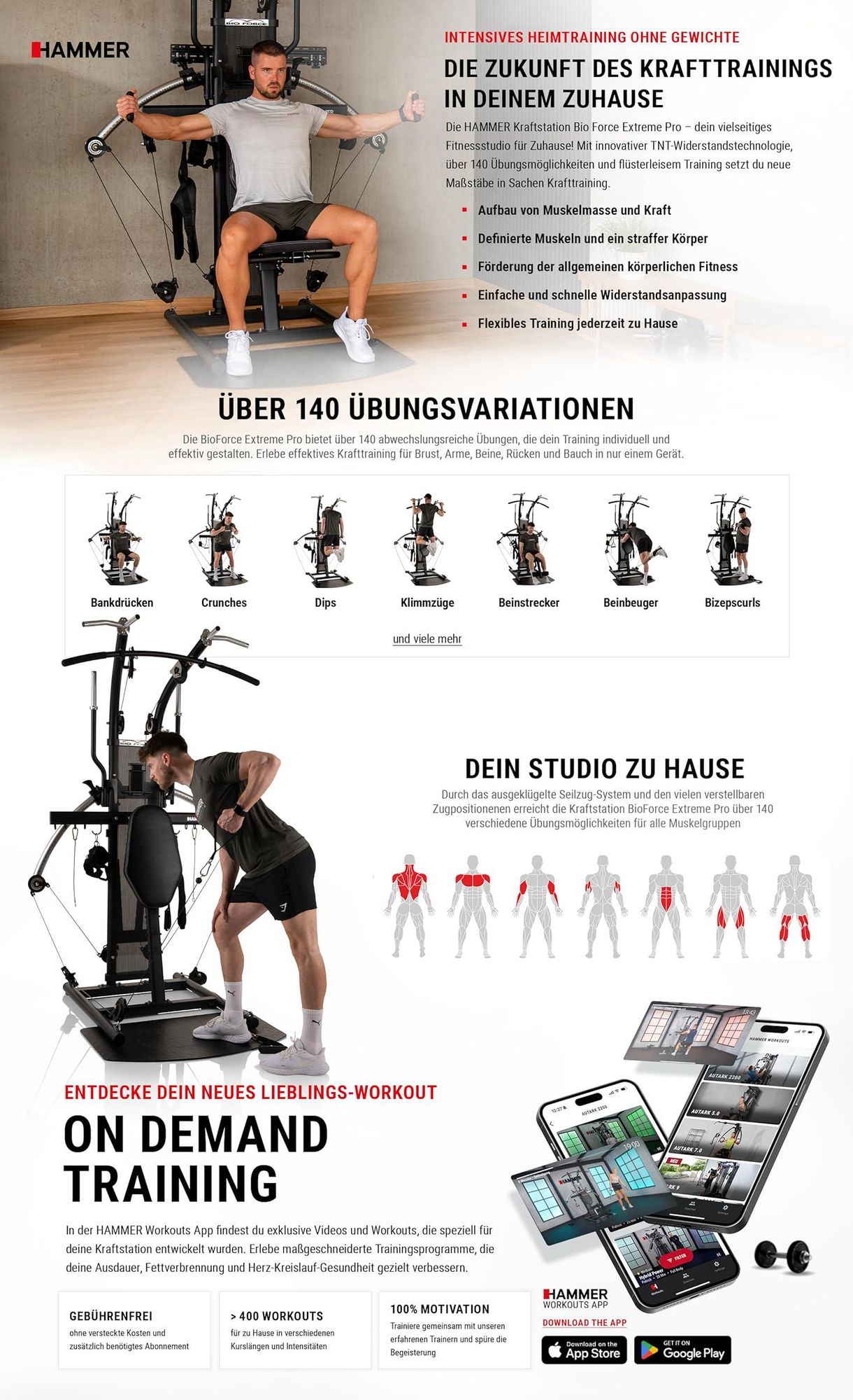 HAMMER Kraftstation BioForce Extreme Pro, Fitnessstation für zu Hause, mit TNT-Widerstandstechnologie, mit 125 kg Zuggewicht, über 140 Übungen