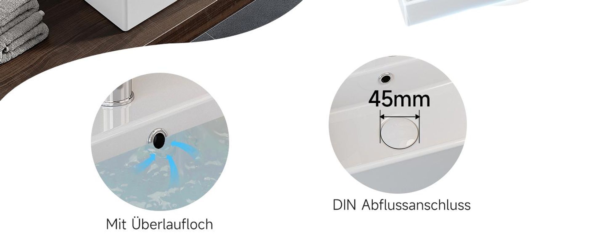Handwaschbecken mit Hahnloch und Überlauf