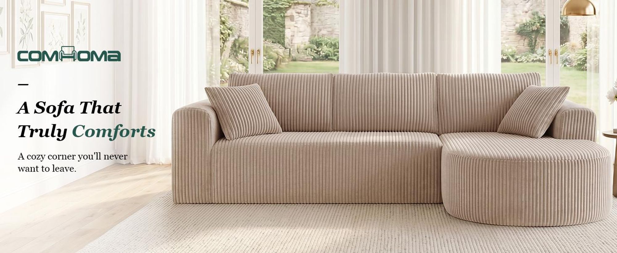 COMHOMA Rohová sedačka s možnosťou rozloženia na lôžko, 263 cm, corduroy, modulárna, bez kostry, s chaise longue, rohová sedačka s možnosťou rozloženia na lôžko, modulárne sedačky s vankúšmi a bočnými vreckami