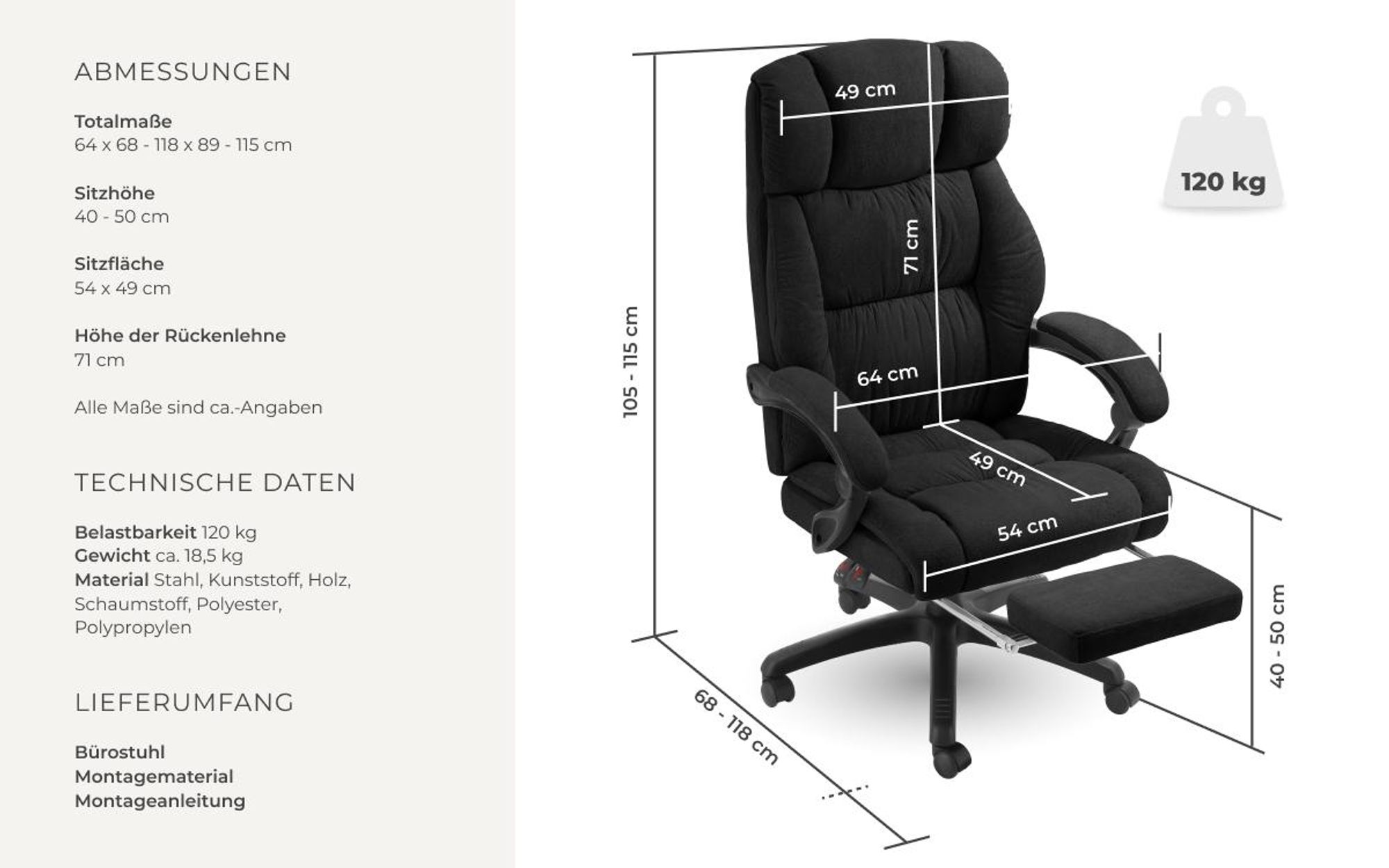 tectake® Bürostuhl Jillien 360° drehbar, stufenlos höhenverstellbar