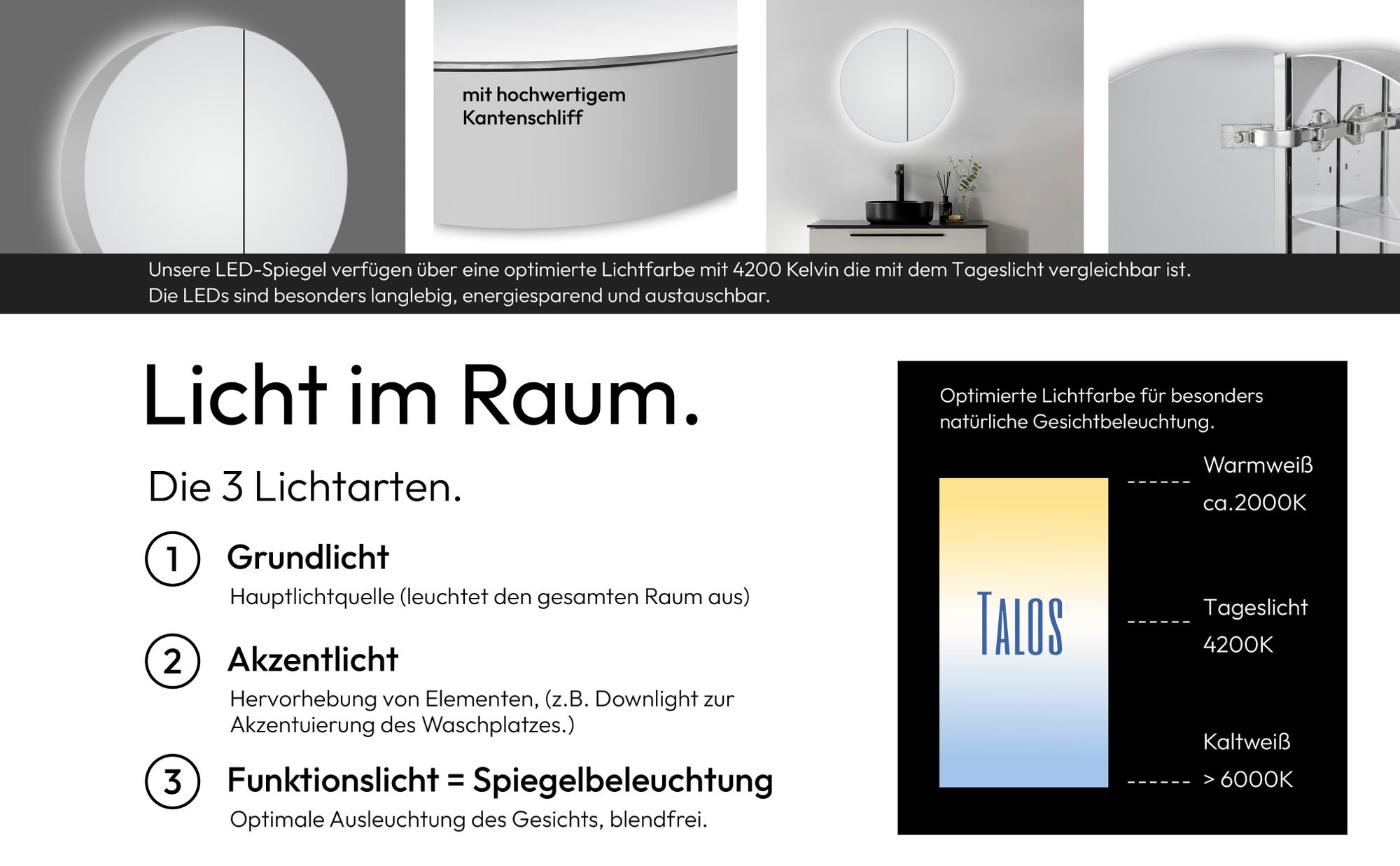 Runder Spiegelschrank mit LED Beleuchtung Ø 60 cm – TALOS Badezimmerspiegel mit Stauraum, Neutralweiß