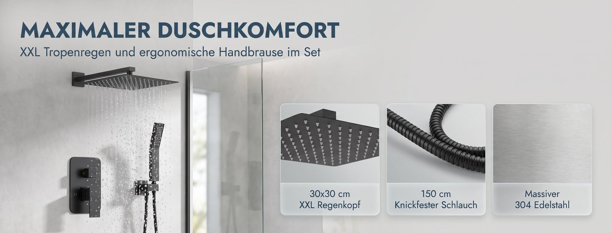 ROSEJANE Unterputz Duscharmatur Set mit Regendusche 30 × 30 cm, Duschsystem mit Kopfbrause und Handbrause, Edelstahl, G1/2, Chrom
