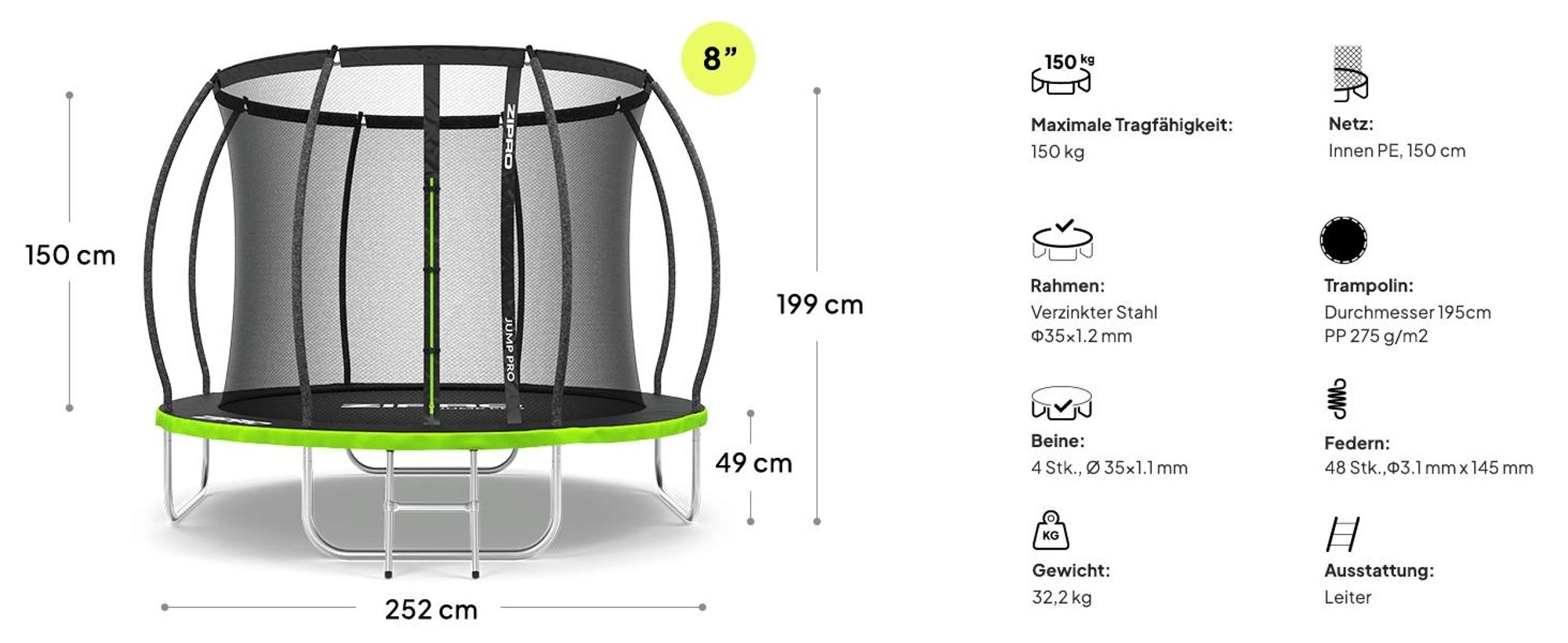 ZIPRO Trampolin Jump Pro Premium | 8FT Ø 252 cm | Gartentrampolin Kindertrampolin Komplett-Set inkl. Netz, Leiter & Randabdeckung, Outdoor, Grün