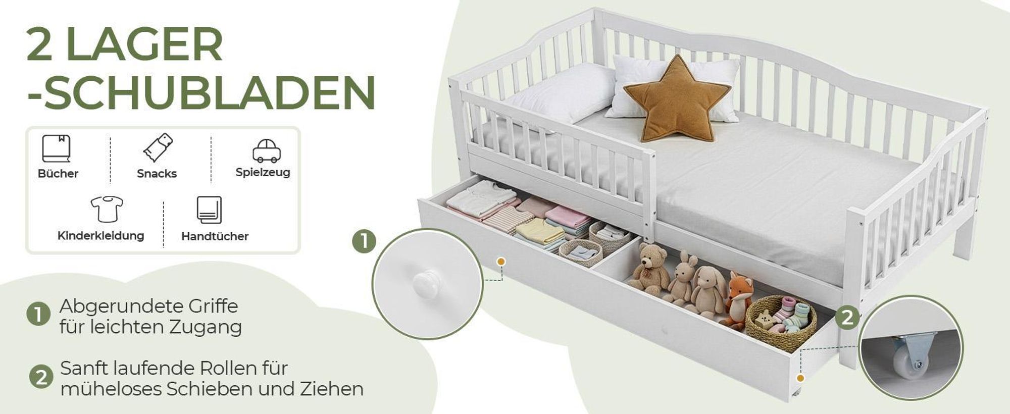 FCH Kinderbett mit Schubladen 90x200cm, Hausbett mit Lattenrost, Bodenbett mit Stauraum und Abnehmbarer Barriere, Weiß