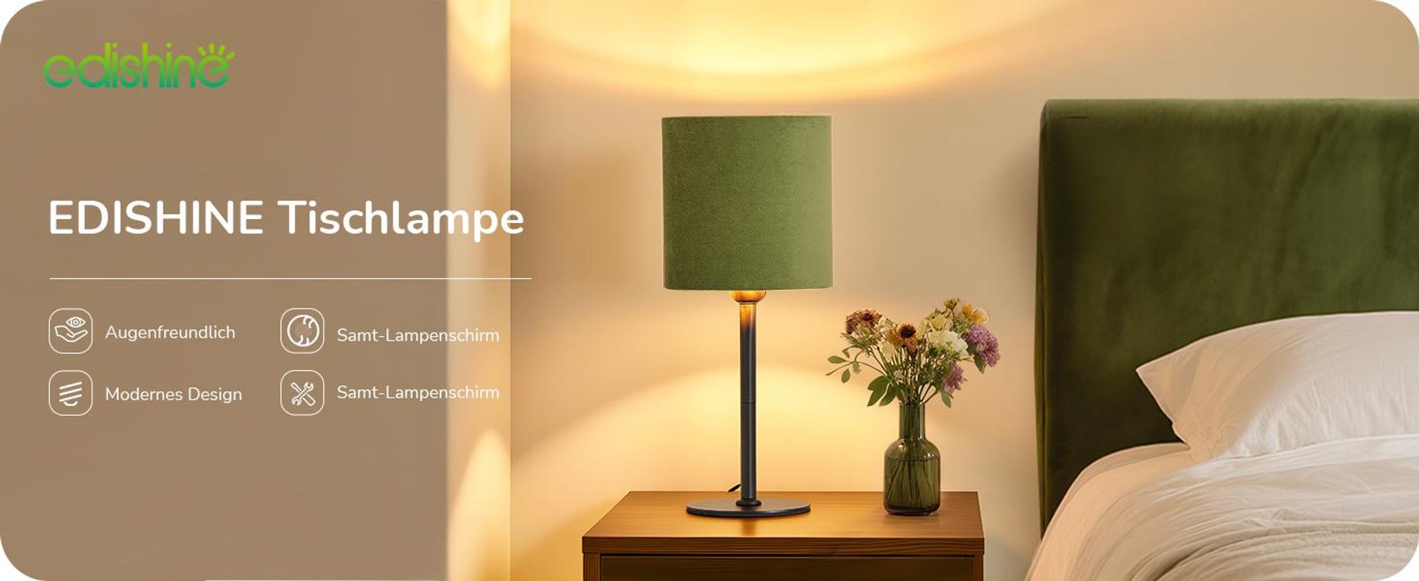 EDISHINE Nachttischlampe, moderne Tischlampe inkl. 2700K LED Leuchtmittel, E27 Tischleuchte für Wohnzimmer, Schlafzimmer & Büro, 38cm