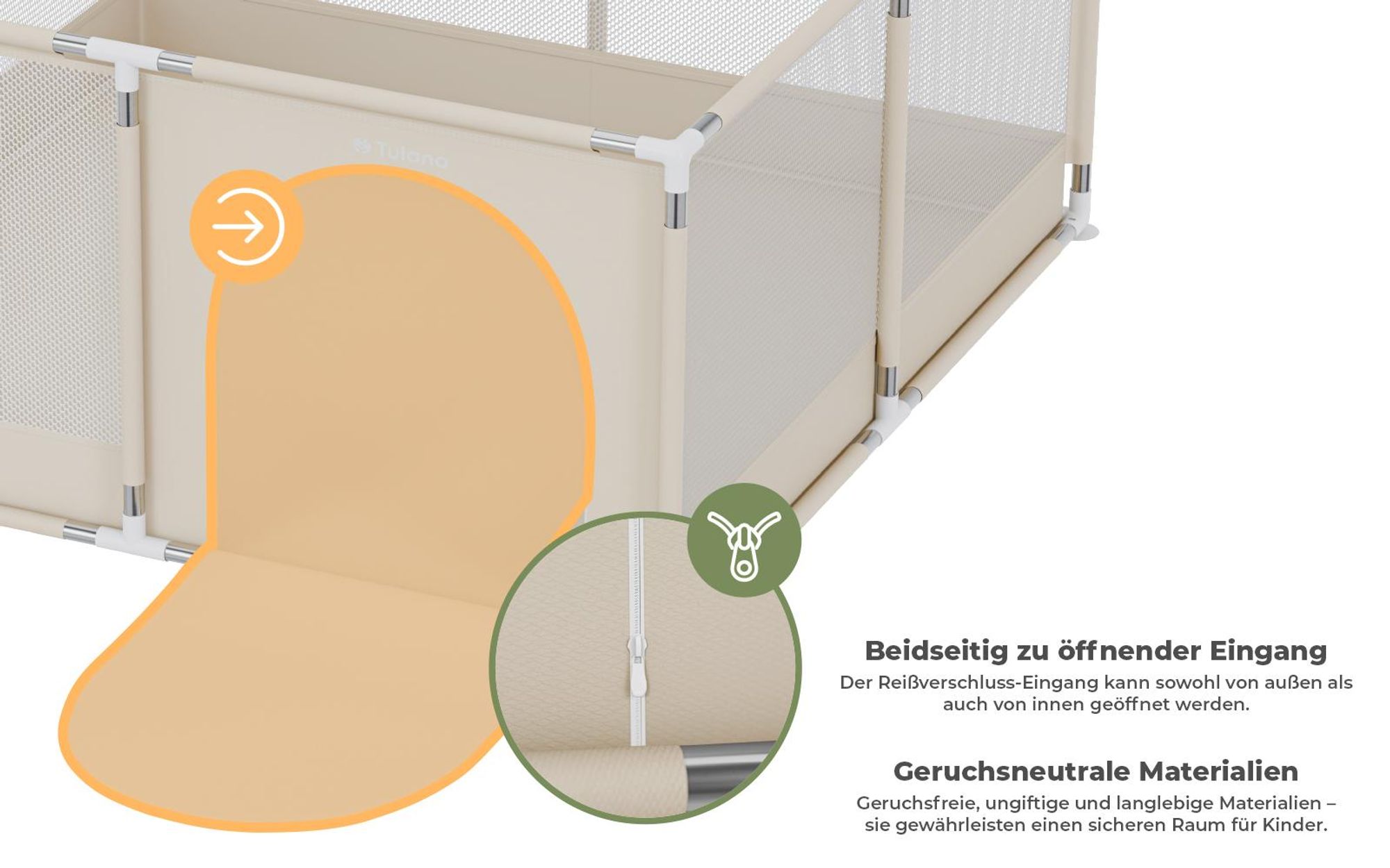 Tulano Cozy 20 Laufstall mit Boden für Kinder, Indoor & Outdoor, Metallrahmen, Netzseiten, rutschfeste Füße, Beige