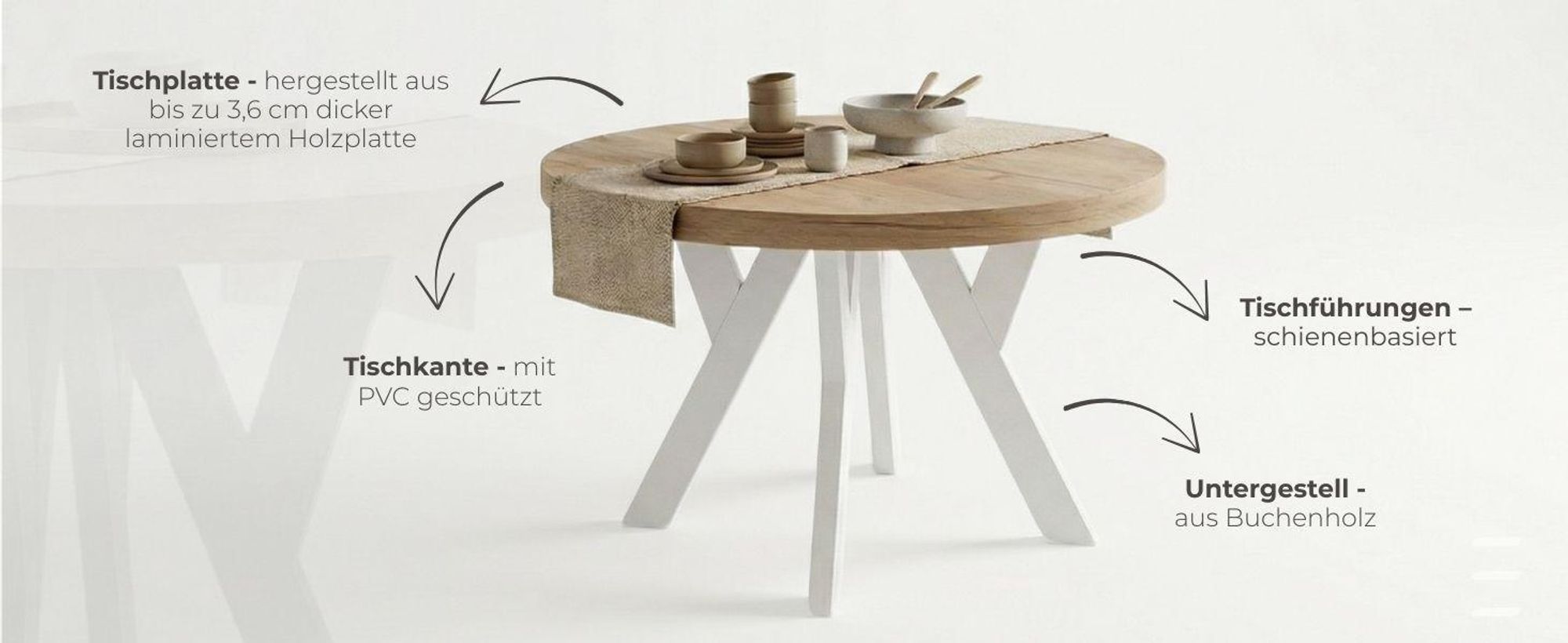 Runder Ausziehbarer Tisch für Esszimmer, PERO, Loft-Stil, Skandinavische, Durchmesser: 110 / 160 cm, Farbe: Eiche Lefkas / Weiss
