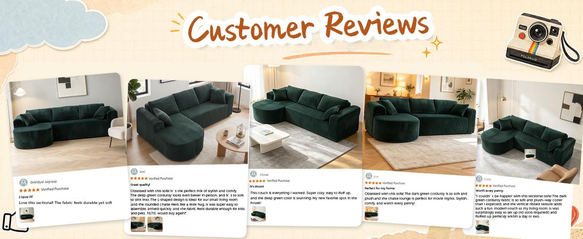 COMHOMA: Modułowa sofa narożna z funkcją spania, 263 cm, obita tkaniną welurową. Sofa modułowa bez ram, z podnóżkiem, w kształcie litery L, z funkcją spania, z poduszkami i kieszeniami bocznymi