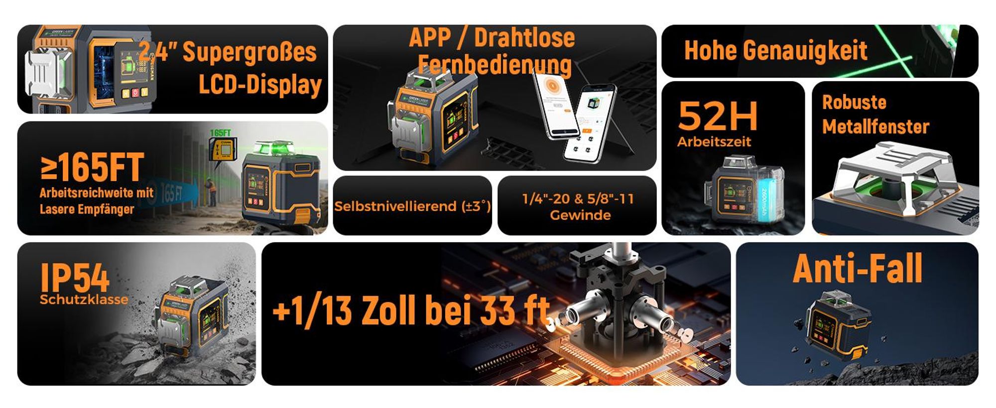 CIGMAN CM-S03 Kreuzlinienlaser 3x360° Grün mit App & LCD-Display