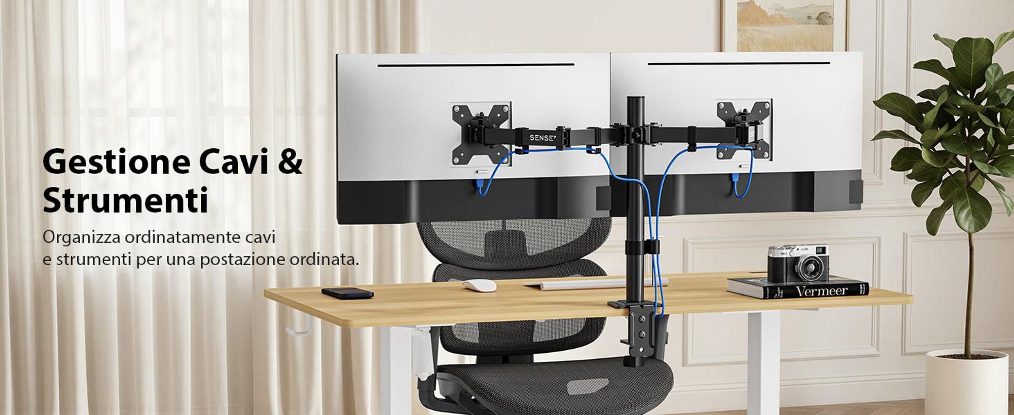 SENSE7 HANG LIGHT DOUBLE: Supporto per monitor duale, adatto a monitor da 17-32 pollici, standard VESA, capacità di carico 2x9kg, sistema di regolazione a gas, ideale per scrivania, per due monitor, colore nero, design ergonomico