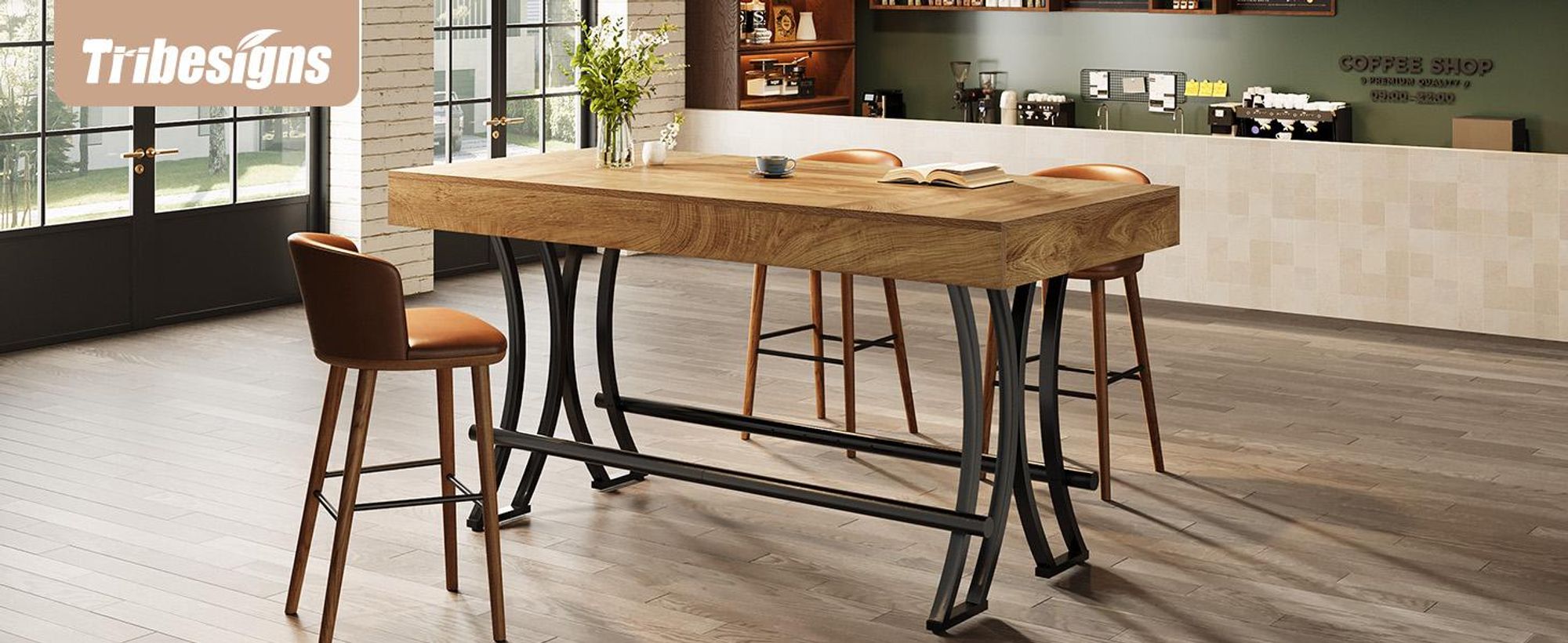 Tribesigns Bartisch, 160 cm hoher Kneipentisch mit Fußstütze aus Metall, rechteckiger Esstisch in Thekenhöhe für die Küche, industrielle Hausbar