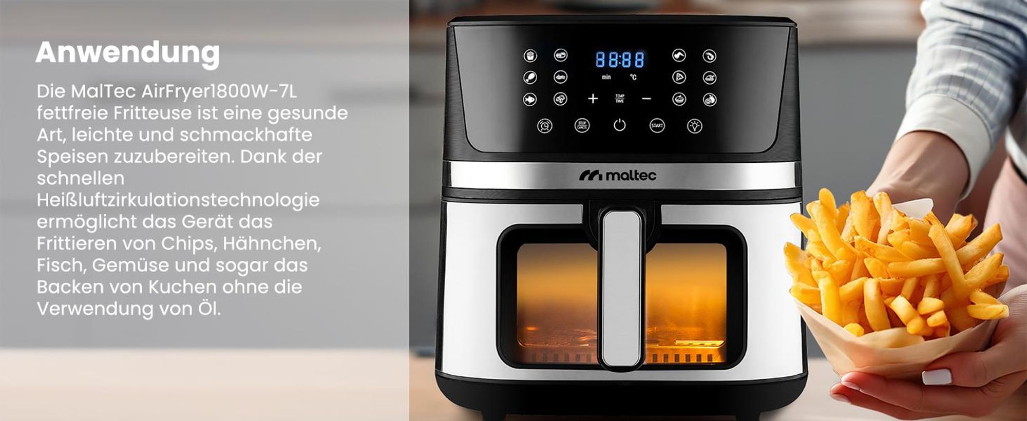 Frytkownica Beztłuszczowa Frytownica Air Fryer Duża 7l Mocna 1800W Okienko MalTec AirFryer1800W-7L