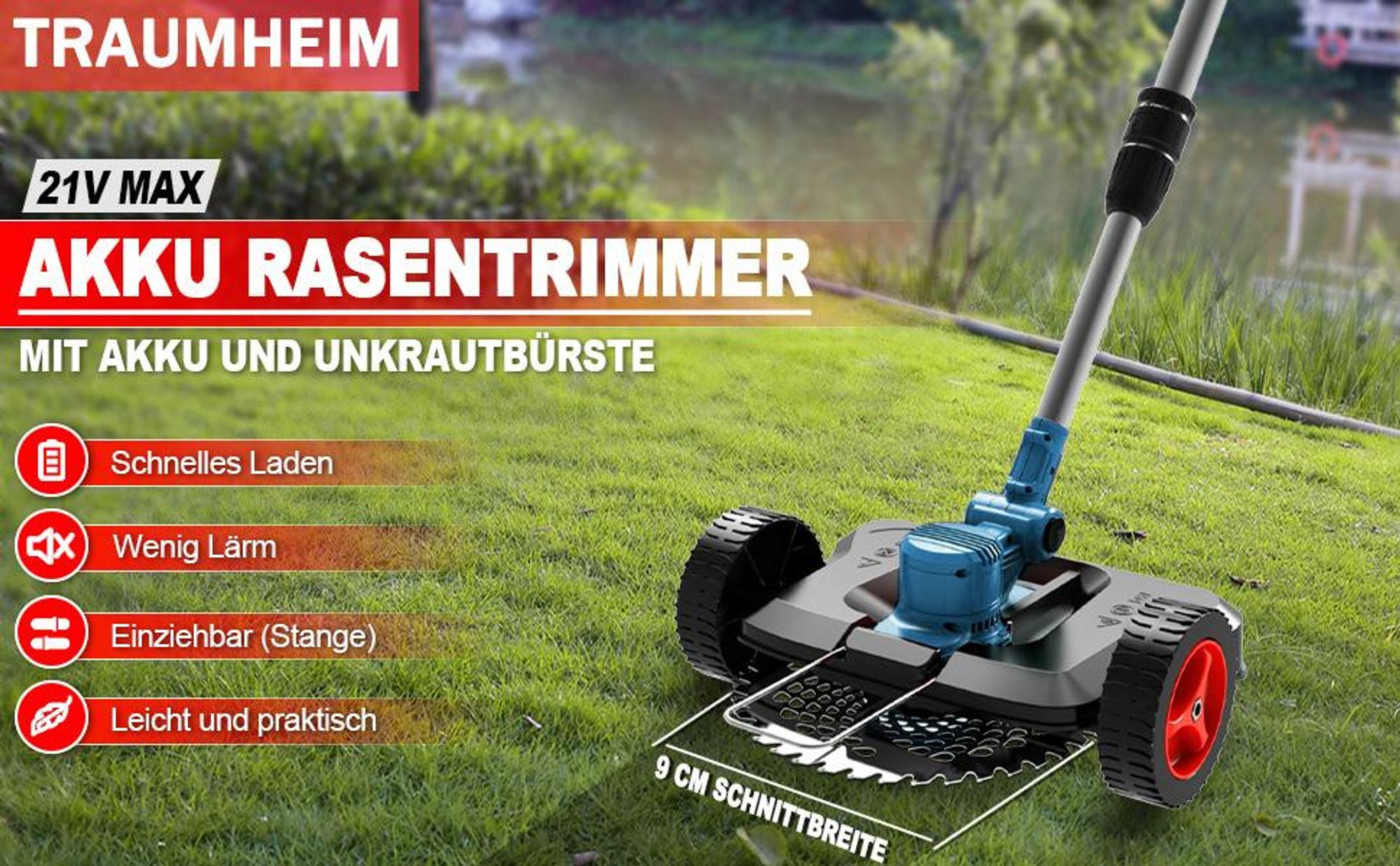 Akku Rasentrimmer mit 2x 4000mAh Akkus, Höhenverstellbar, Leichtgewicht, Freischneider mit Unkrautbürste, Sägeblatt, Kunststoff & Metallklingen