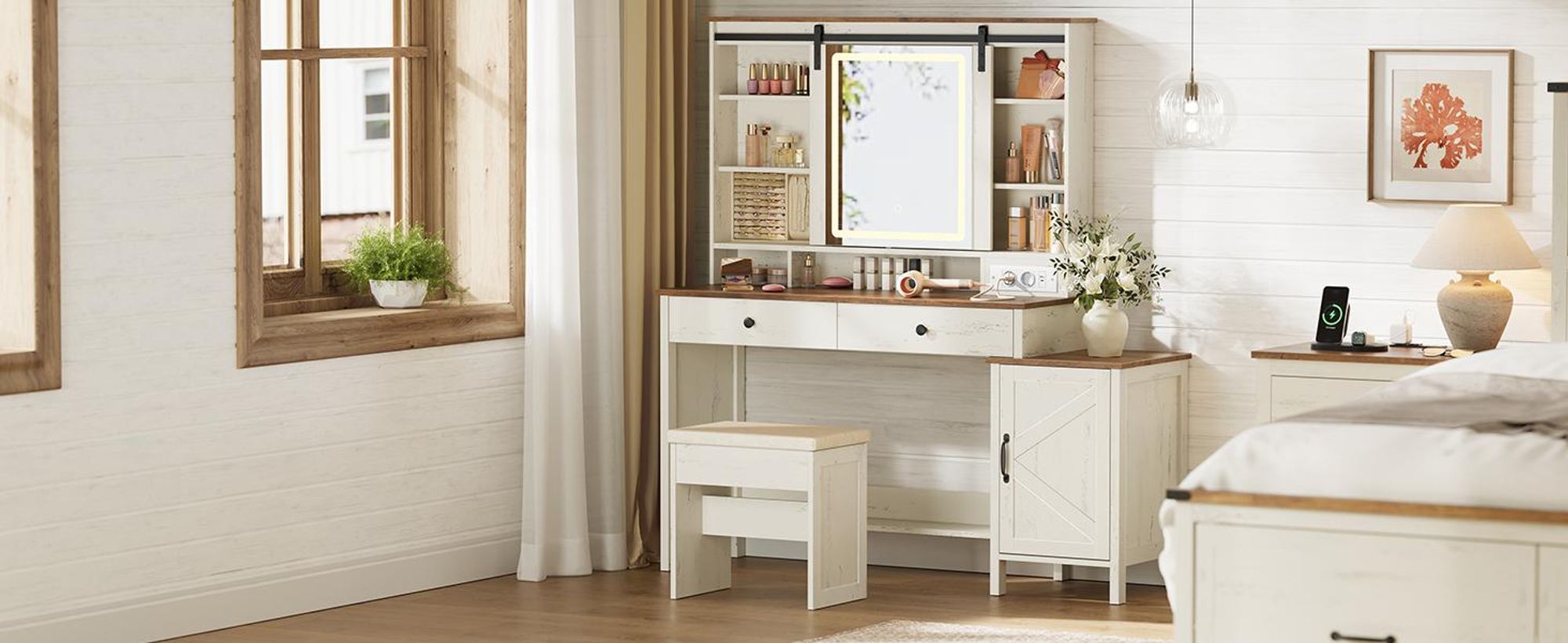 VASAGLE LIRY Kollektion - Schminktisch mit Spiegel, Beleuchtung, Hocker, Ladestation, 2 Schubladen