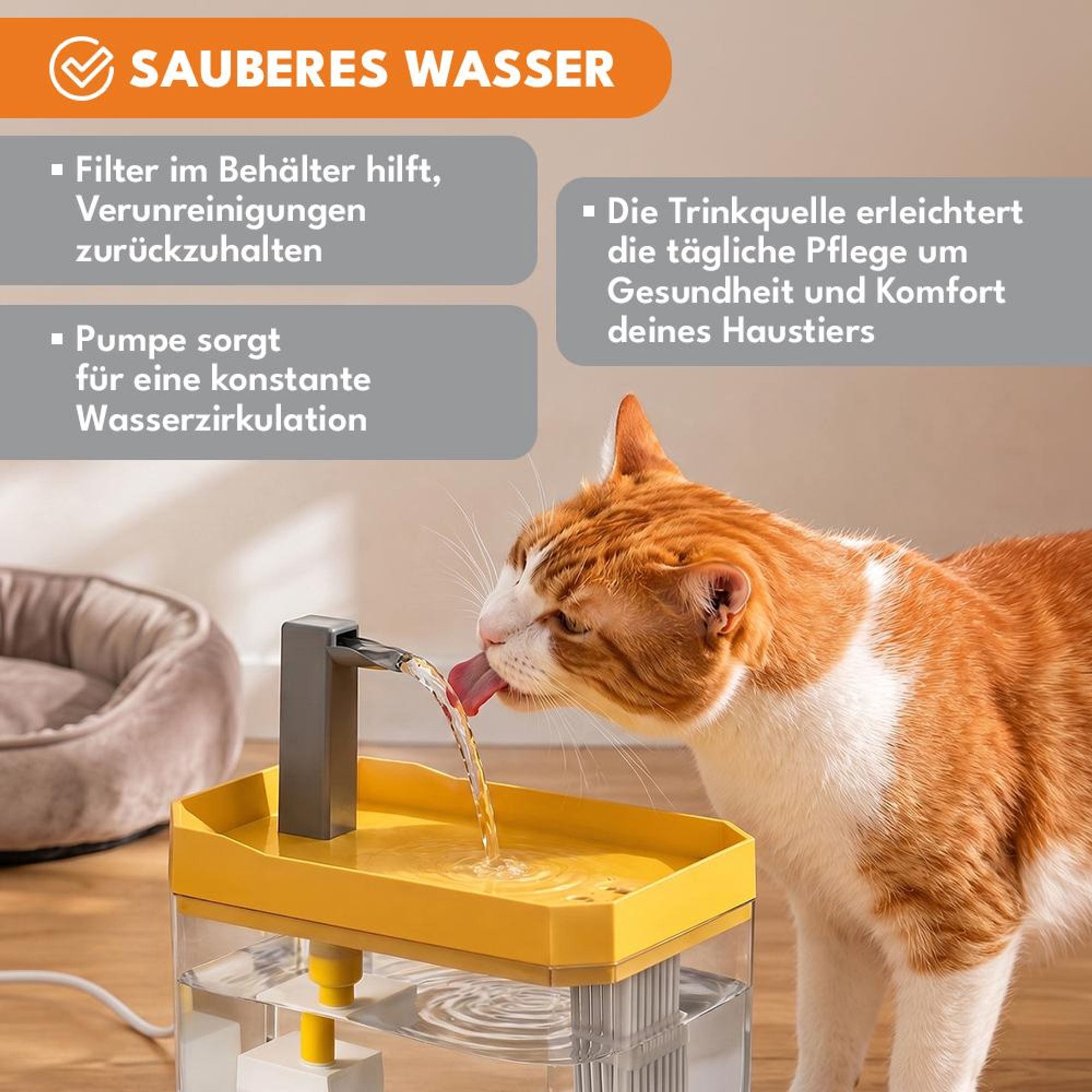 KRUMAD Katzenbrunnen 1,5L, Trinkbrunnen für Katzen, Wasserbrunnen, Haustier-Trinkstation, USB, Kunststoff, transparent/gelb, 16,5 x 11,5 x 12 cm
