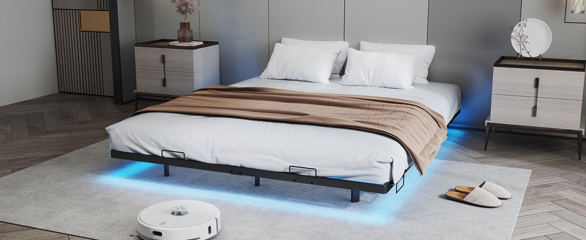 COMHOMA Bettrahmen Metallbett Gästebett Bettgestell aus Metall, mit LED & Steckdosen, Jugendbett 90x200, App & Fernbedienung, stabile Konstruktion