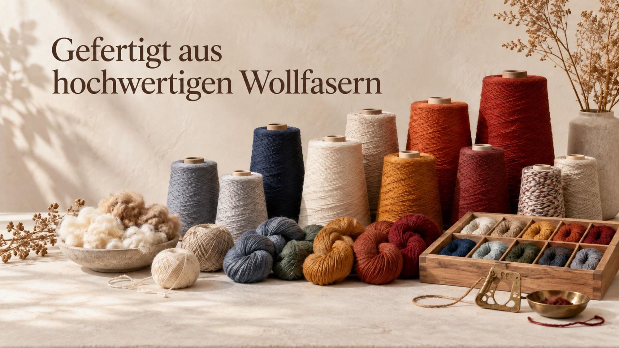 Wollfasern in Beige, Grau, Blau, Rot und Ocker als Grundlage der vielseitigen Teppichkollektion