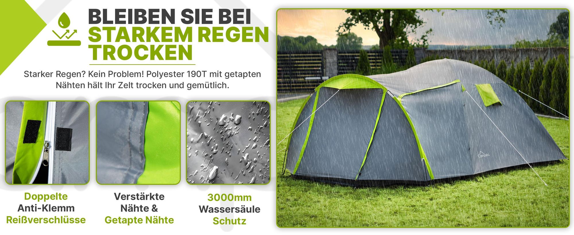 Campela Tropical 4 Familienzelt – 4-Personen-Kuppelzelt mit Vorraum – wasserdicht 3000 mm – leicht & kompakt für Camping