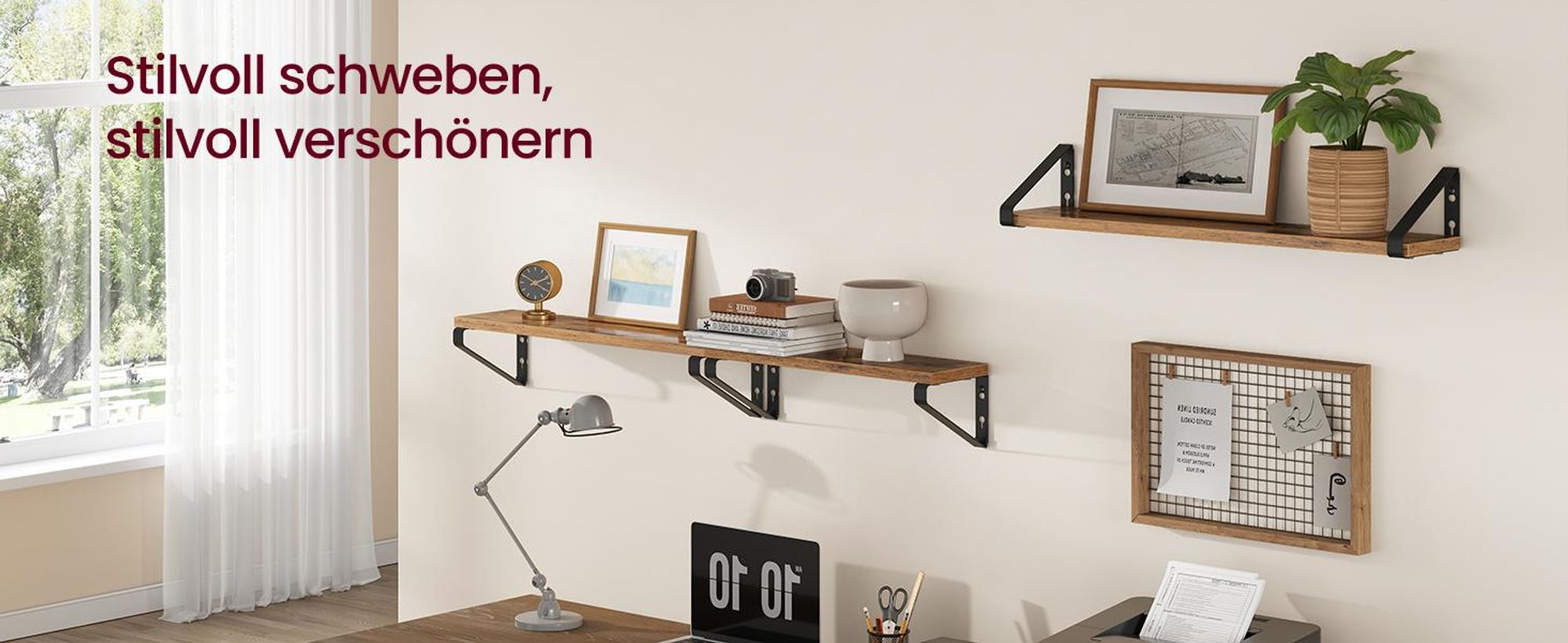 VASAGLE 3er Set Schweberegal, 2 Montagemöglichkeiten, braun-schwarz