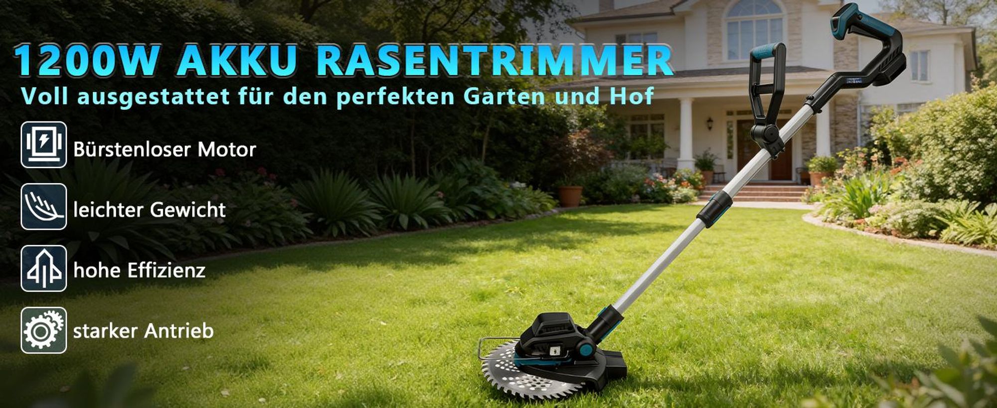 1200W Akku Rasentrimmer, 16800U/min Freischneider mit Teleskop-Stiel Räder, Kompatibel mit Makita Akku, Bürstenlos Grastrimmer Motorsense für Rasen