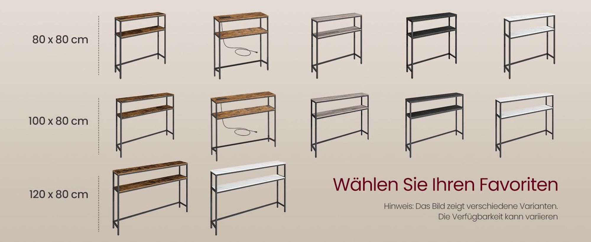 VASAGLE Konsolentisch, schmaler Sofatisch mit 2 Ablagen, 20 x 100 x 80 cm