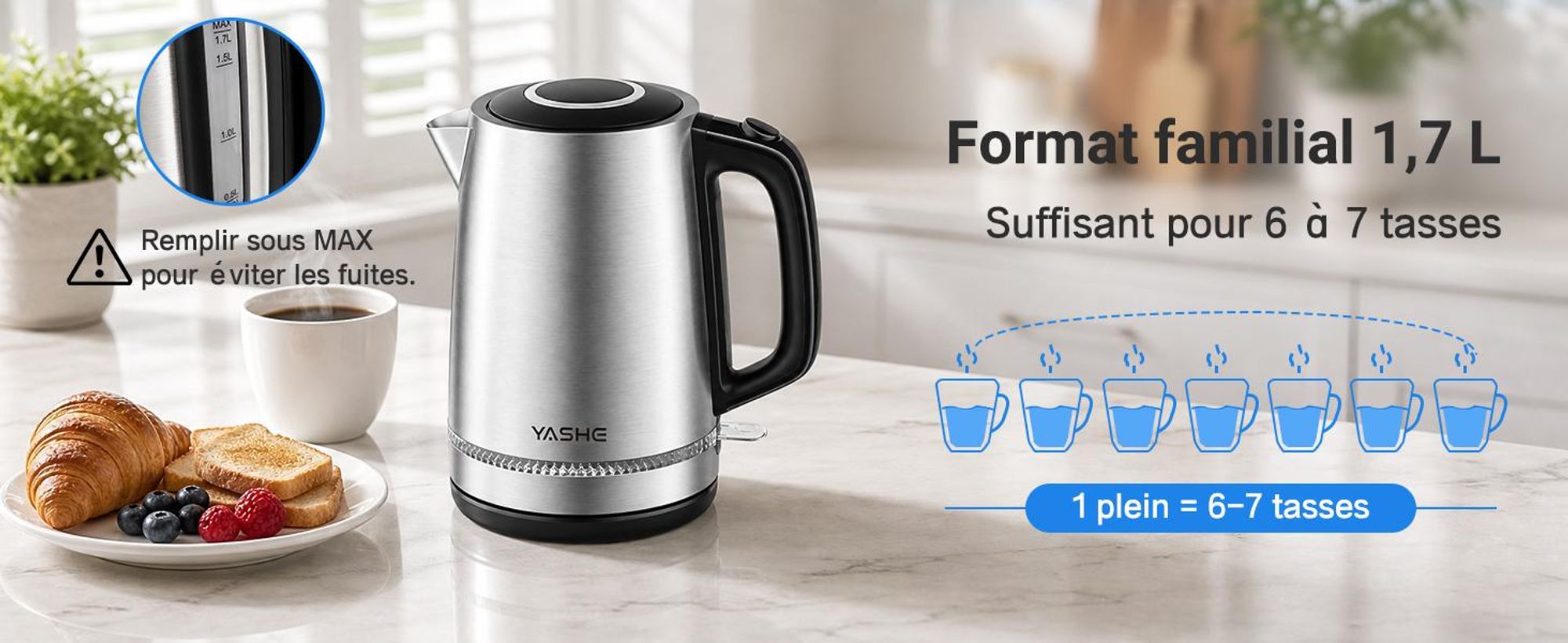 YASHE Wasserkocher Edelstahl 1,7L 2200W Mit Kalkfilter