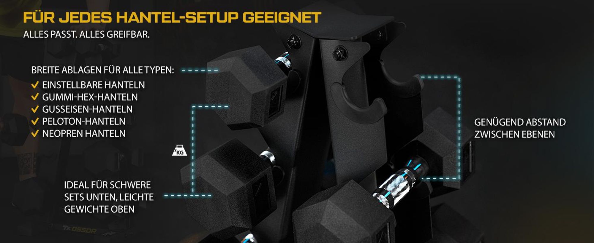 Das Bild zeigt einen Hantelständer für jeden Hantel Setup geeignet