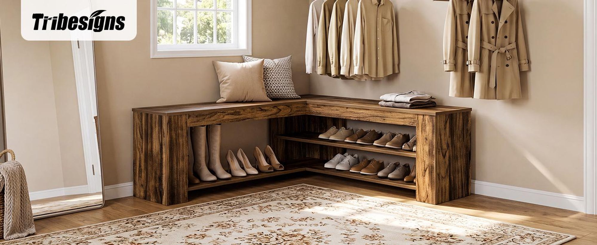 Tribesigns 120 cm L-förmige Schuhbank mit Stauraum, Landhausstil Eingangsbank für Eingangsbereich, Esszimmer, Wohnzimmer, Rustikales Braun