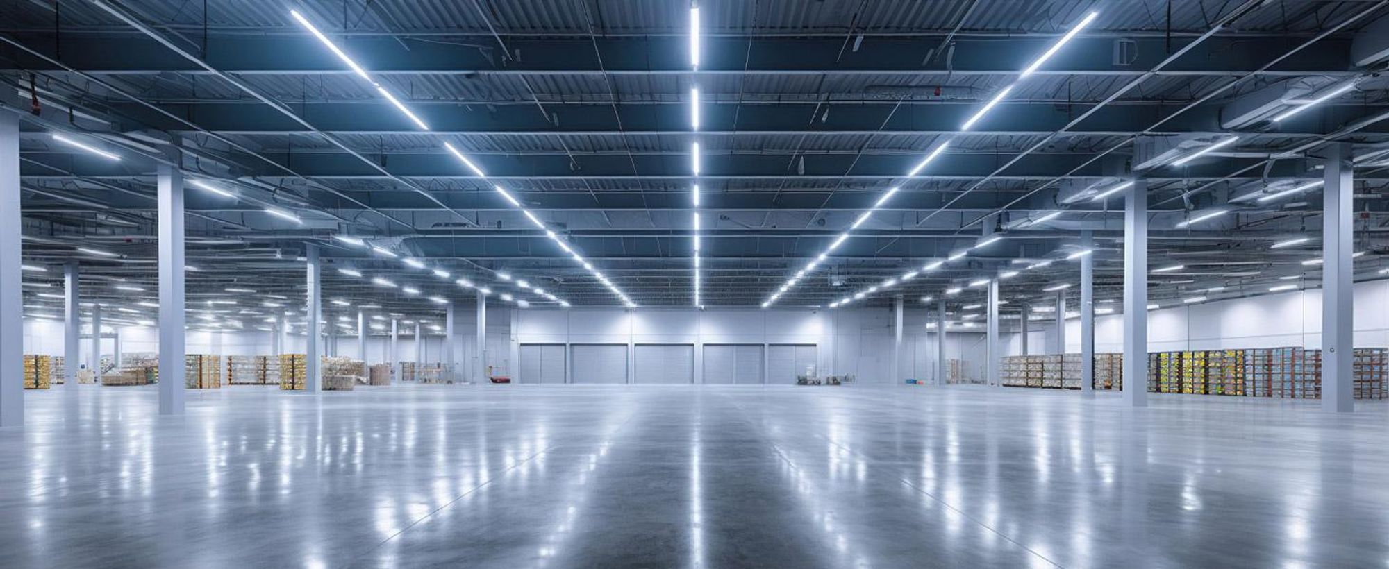 Auf dem Bild sieht man einer Lagerhalle mit LED Röhren als Beleuchtung.