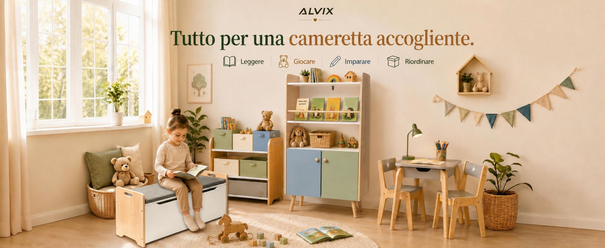 ALVIX, libreria per bambini NESTA 4 con 2 ante, libreria Montessori per bambini con ripiani per libri, scaffale per giocattoli e armadietto contenitore, dotata di sistema di sicurezza anticaduta
