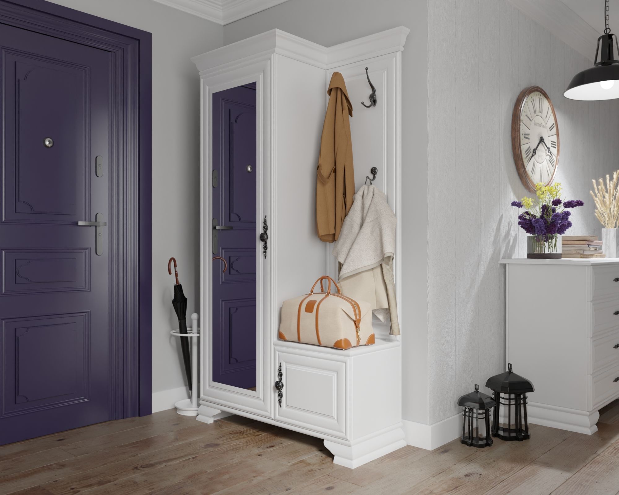 Garderobenschrank weiß matt 116x210x44 cm links mit Spiegel und Schuhablage im Provenzalischen Stil