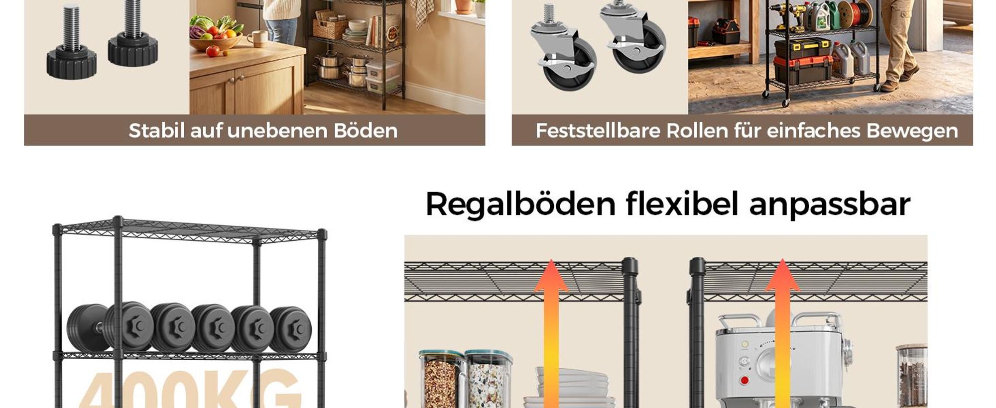 Mondeer Regal Aufbewahrungsregal 5-Stufiges Küchenregal, mit 4-Rädern, PP-Trennwand Schwarz