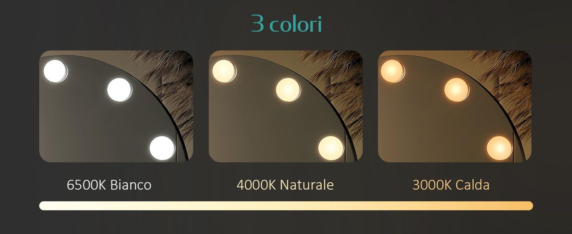 Specchio cosmetico EMKE Hollywood 47X40cm Specchio da trucco rotondo con illuminazione a LED e ingrandimento 7x, 3 colori di luce dimmerabili, nero