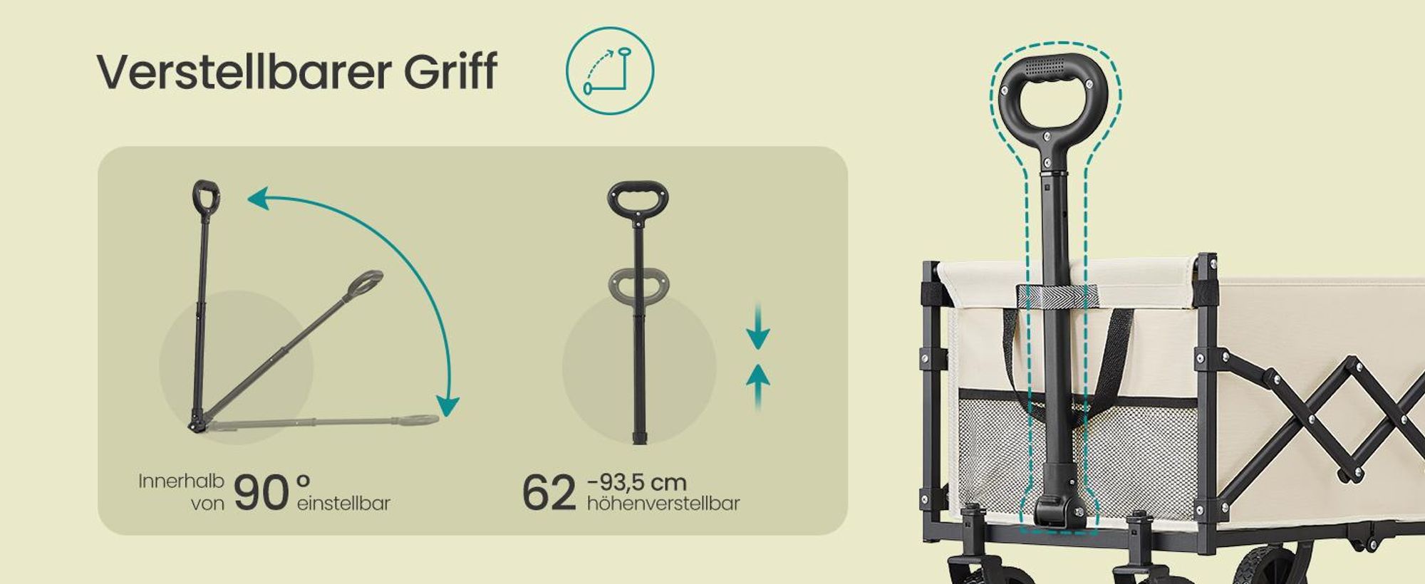 SONGMICS Faltbarer Bollerwagen, Transportwagen mit Griff, 4 verstärkte Rollen, 90 L, Outdoor, bis 180 kg, Garten, beige