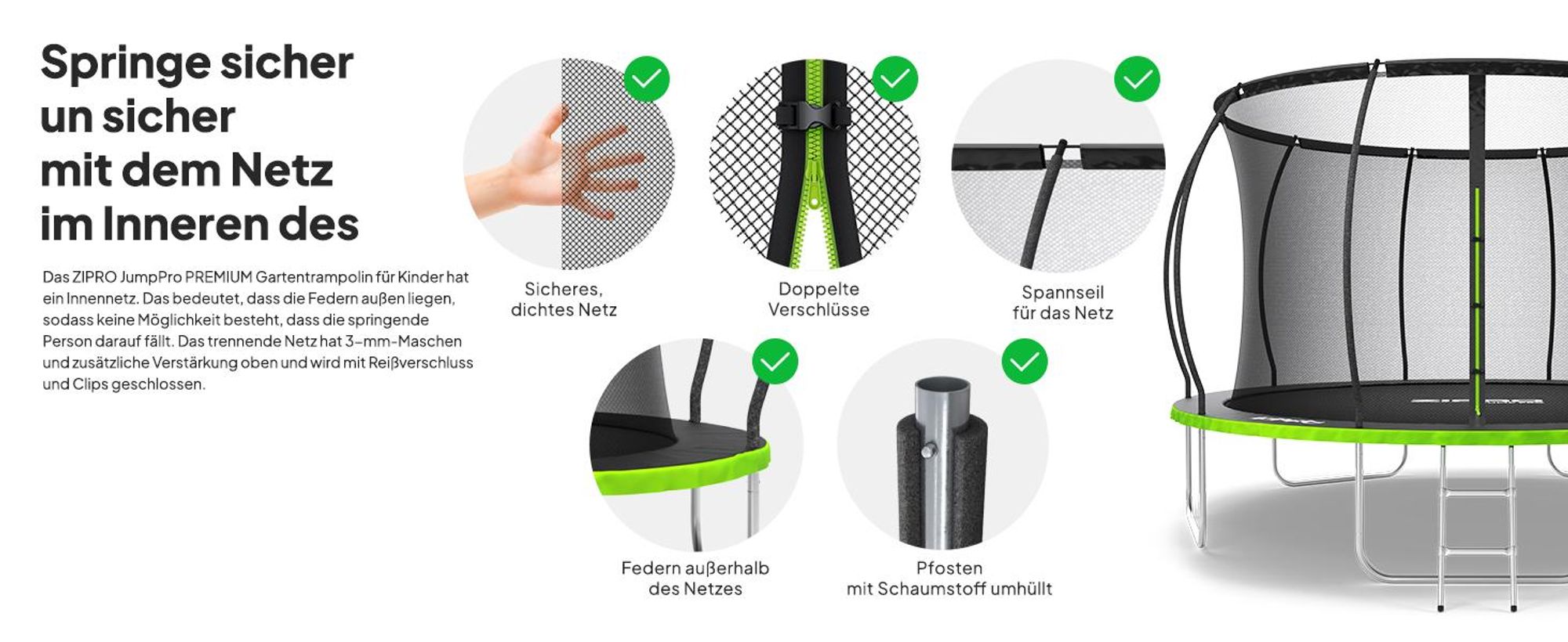 ZIPRO Trampolin Jump Pro Premium | 12FT Ø 374 cm | Gartentrampolin Kindertrampolin Komplett-Set inkl. Netz, Leiter & Randabdeckung, Outdoor, Grün