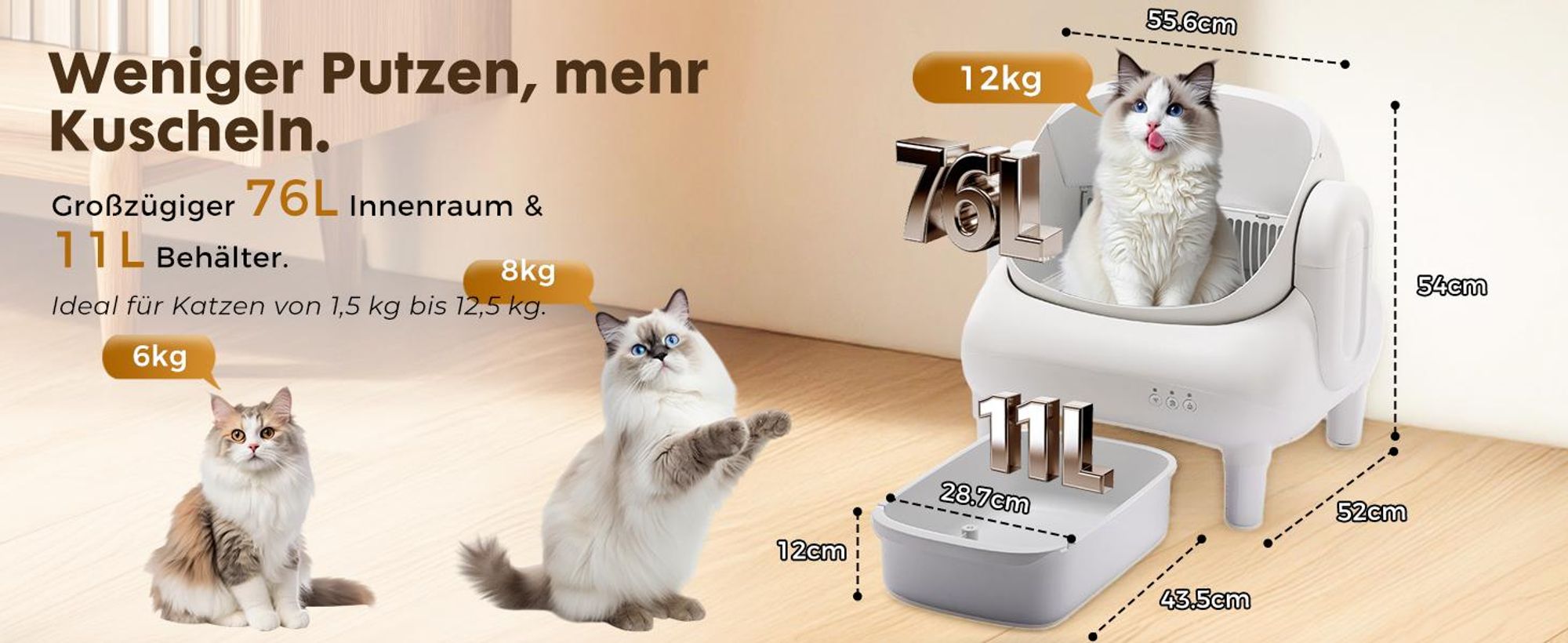 Katzentoilette Oben offene Automatische Katzenklo selbstreinigend Katzentoilette XXL Große Fassungsvermögen,App-Steuerung,für mehrere katzen