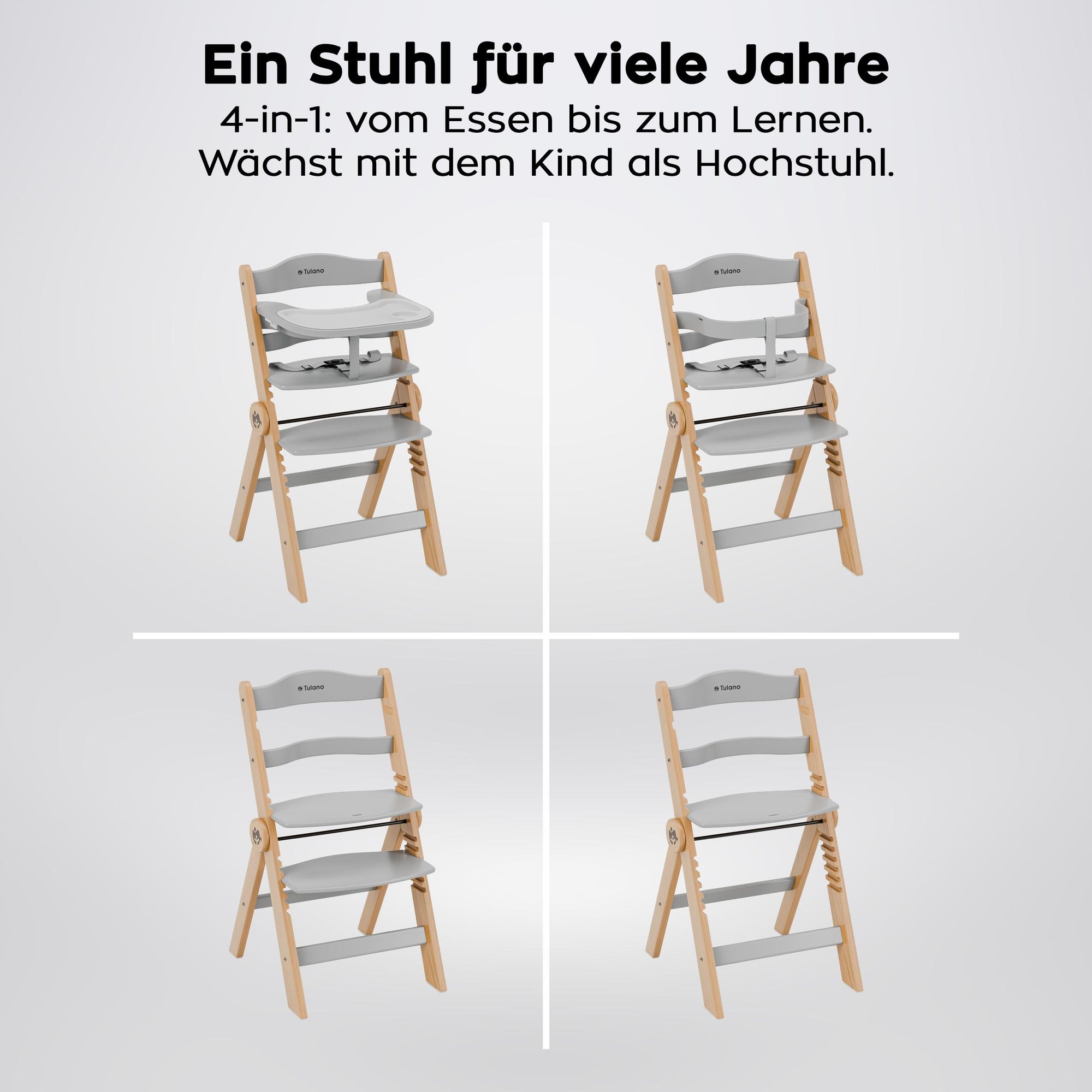 Hochstuhl 4in1 höhenverstellbarer Holzhochstuhl für kinder 9 Einstellungsstufen von 6 Monaten bis 12 Jahren bis zu 40 kg Ergonomische Rückenlehne