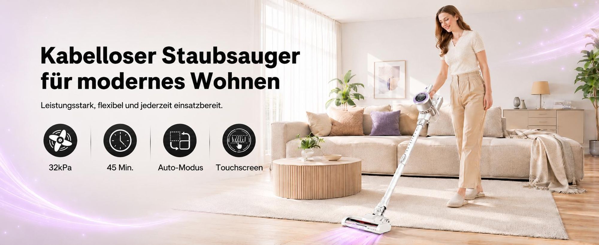 Akku Staubsauger, 500W/32000 Pa Staubsauger kabellos mit HEPA ,45 Min, kabelloser Staubsauger,Anti-Tangle-Staubsauger, Handstaubsauger für Tierhaare