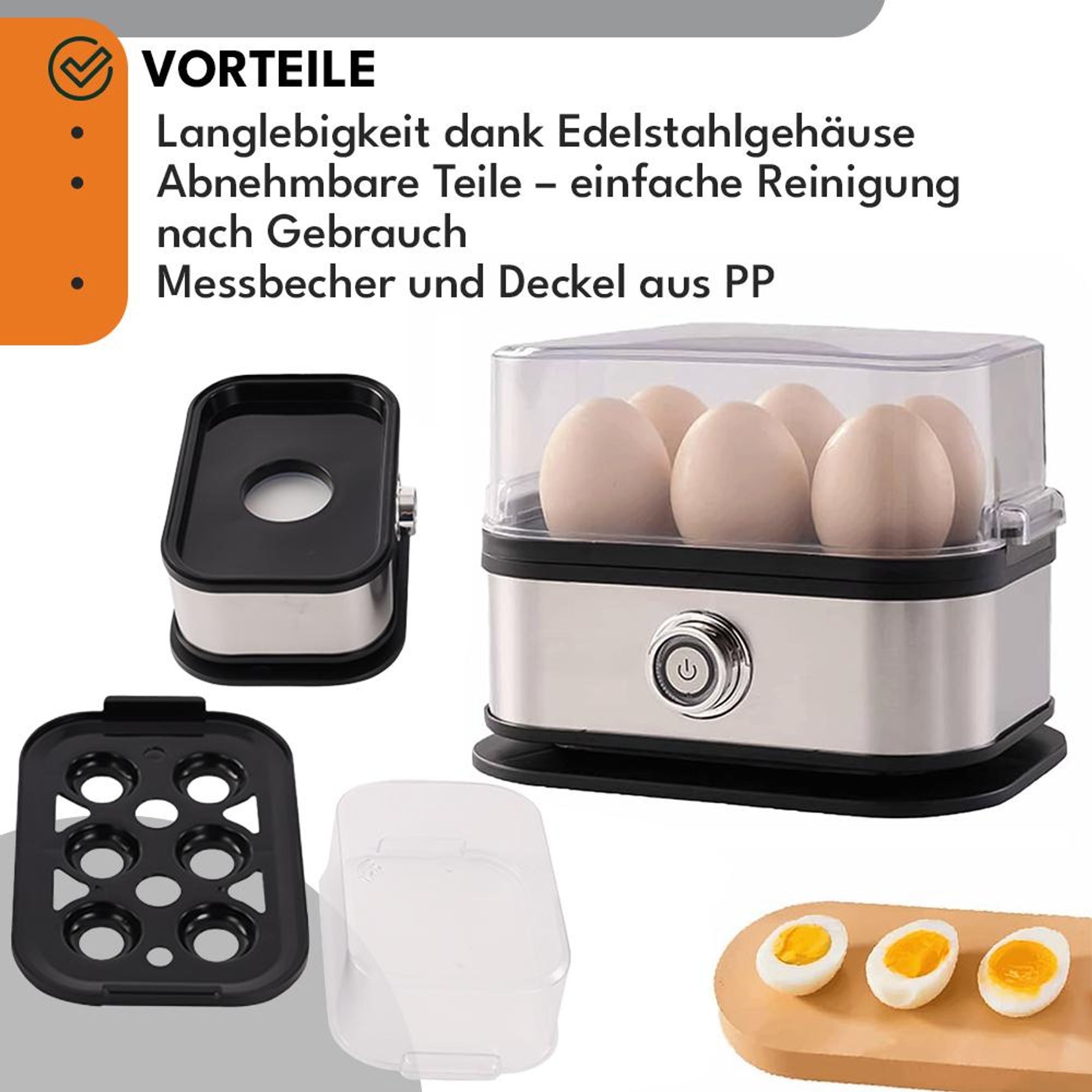 KRUMAD Eierkocher für 6 Eier, 200W Automatisch, Schnell und Effizient, Ideal für Weich, Mittel, Hart, Eierkochen für Familie und Zuhause