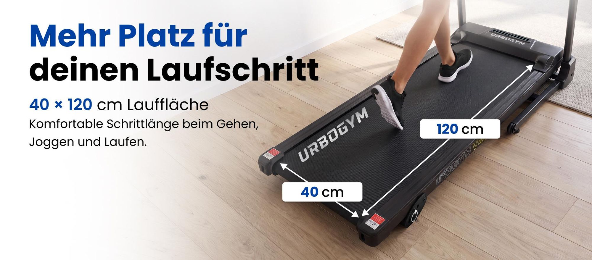 URBOGYM V480 elektrisches Laufband für Zuhause, 12 km/h, 120 kg, 40 × 120 cm Lauffläche, 12 Programme, Bluetooth, klappbar