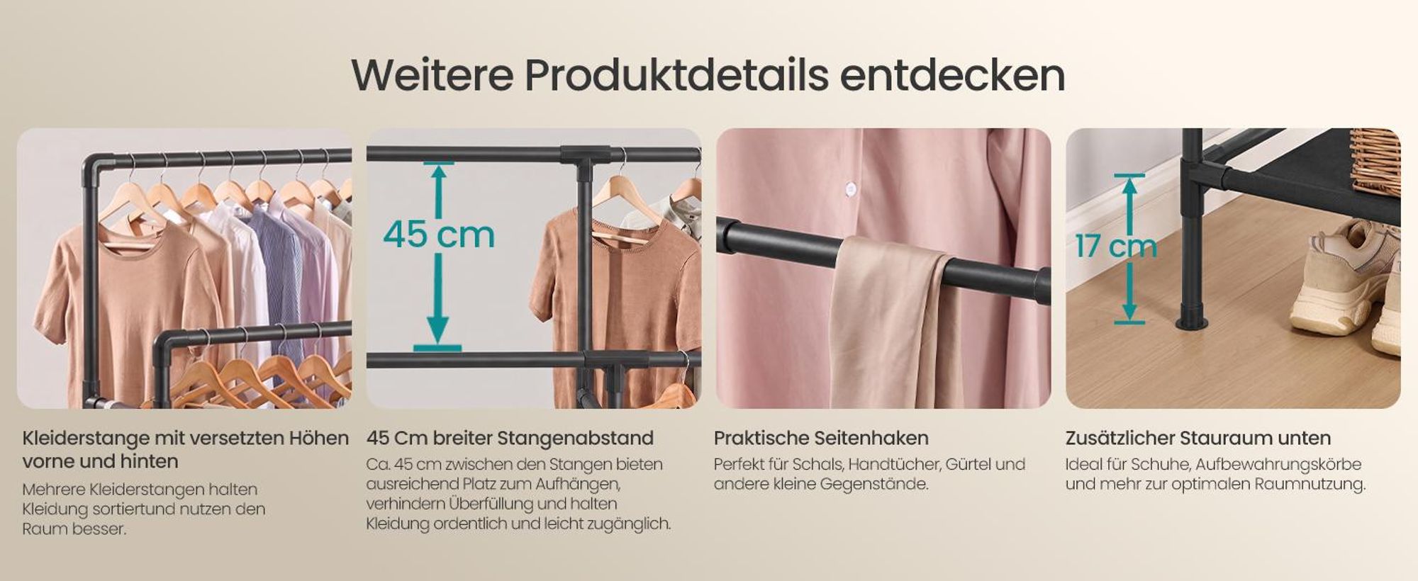 SONGMICS Kleiderständer mit Doppelstange und 2 Ablagen, Belastbar bis 100 kg, 163 x 45 x 156 cm, Schwarz