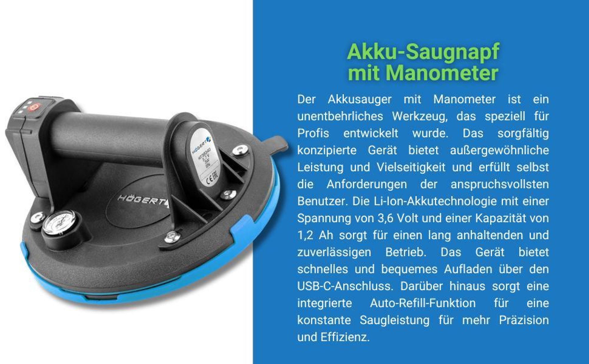 Högert Technik - Akku Saugheber 200mm mit Manometer, Akkusauger Heavy Duty Saugheber, Belastung: 150kg, Saugnapf wird beim Transport von Fensterglas