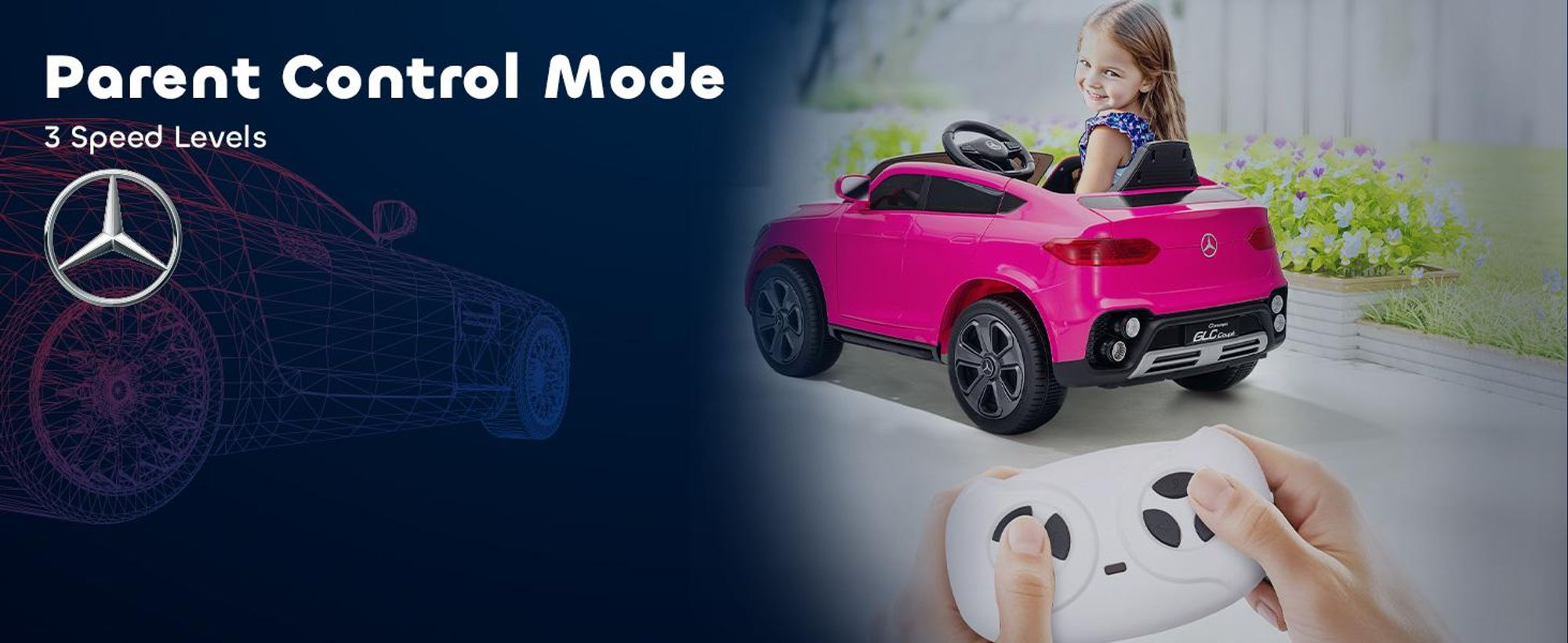Samochód elektryczny dla dzieci AIYAPLAY 12 V Mercedes-Benz Concept GLC Coupe z pilotem, 2 silnikami, 3 prędkościami, pojazdem dziecięcym z miękkim startem, MP3, USB, diodą LED, klaksonem, dla dzieci w wieku 3-6 lat, różowy