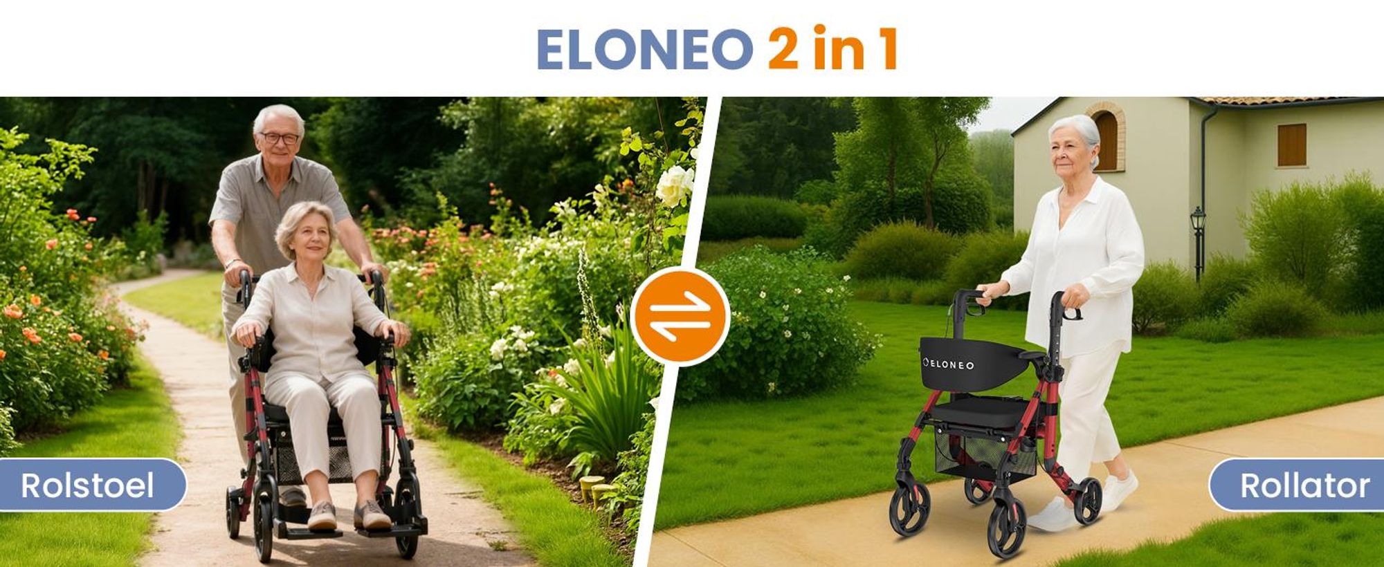 ELONEO 2-in-1 rolstoel/rolator, opvouwbaar en lichtgewicht met zitplaats, outdoor rolstoel/rolator, opvouwbaar, aluminium loophulpmiddel voor senioren - Rood