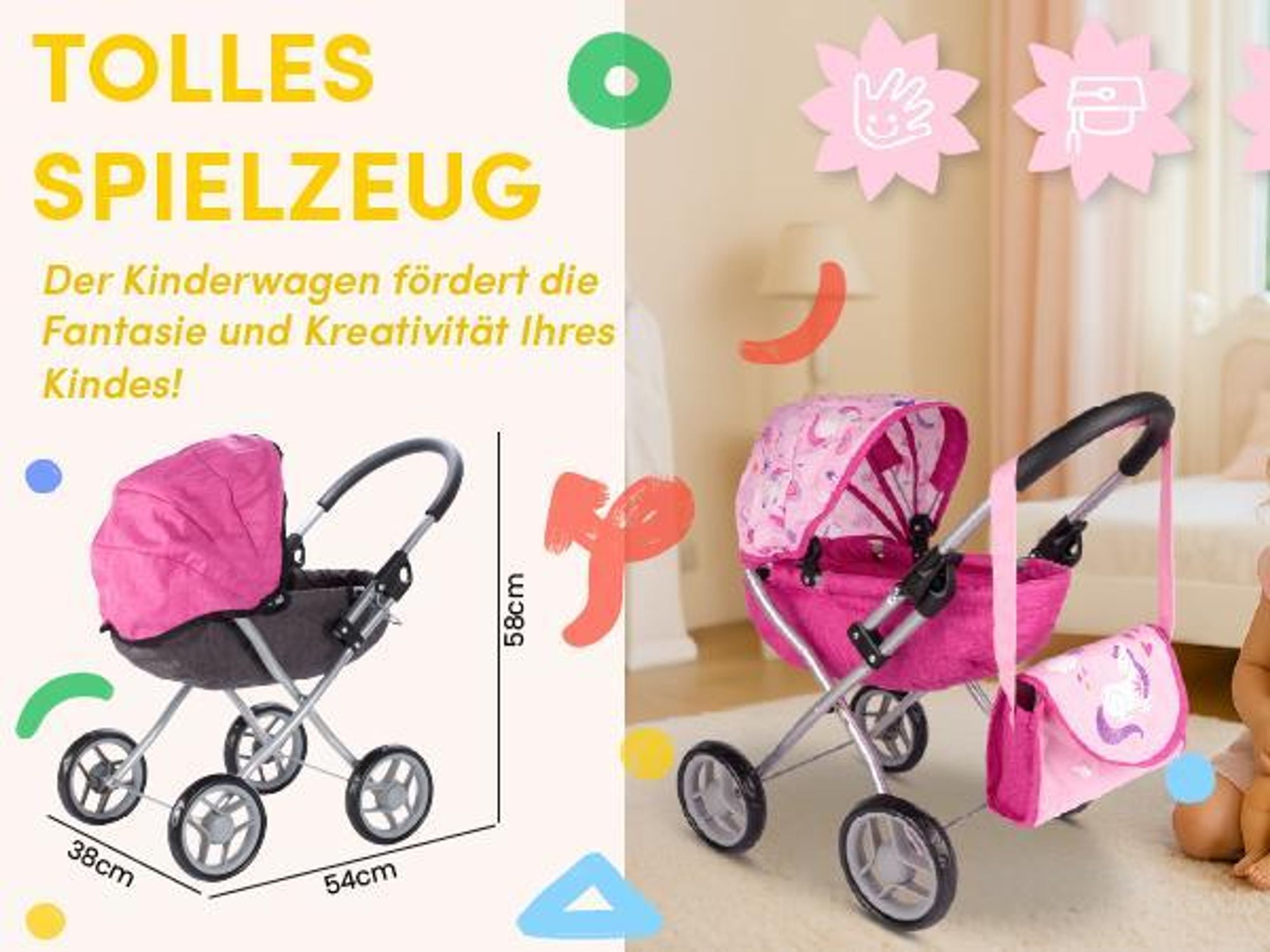 Rosa zusammenklappbarer Puppenwagen mit Tasche und verstellbarem Sonnendach
