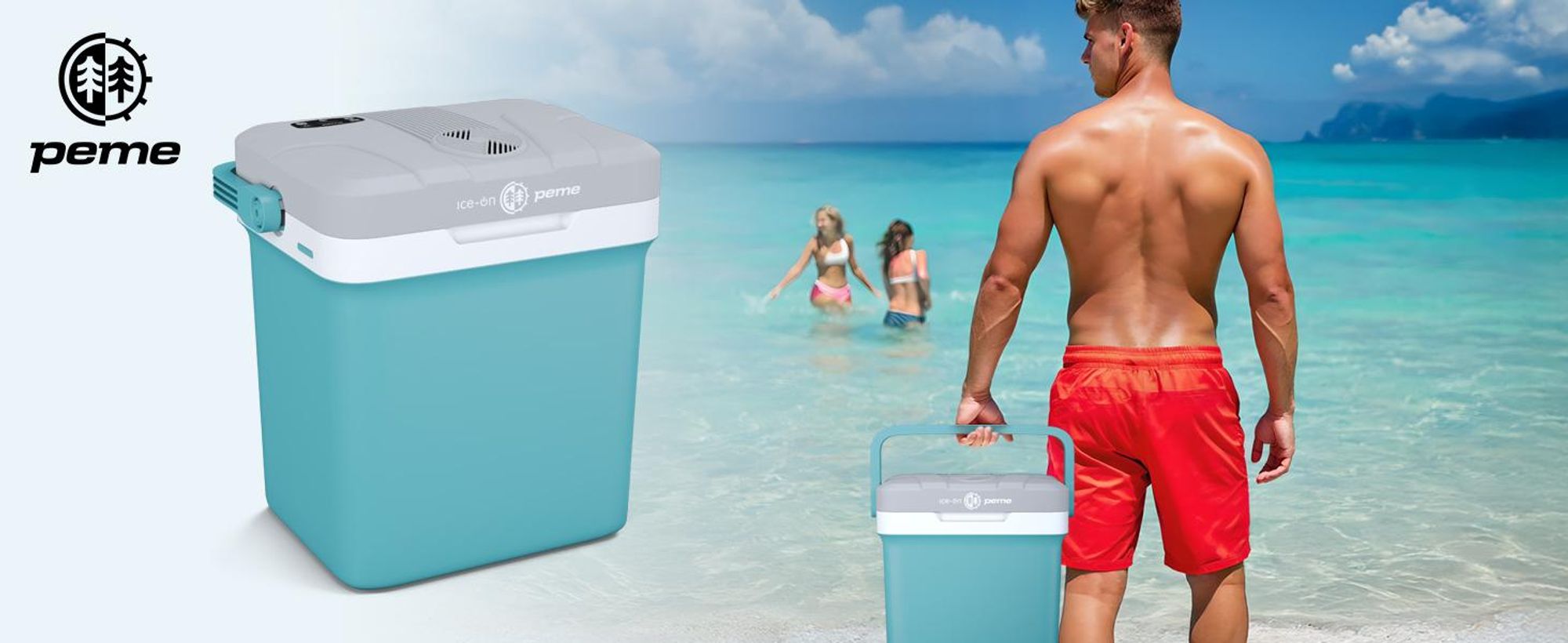 PEME Essential 23L Elektryczna lodówka turystyczna 12 V 230 V – termoelektryczna torba chłodząca do samochodu, na kemping, mini lodówka, pojemnik termiczny, USB, ECO, przenośna, podróżna, turkusowa