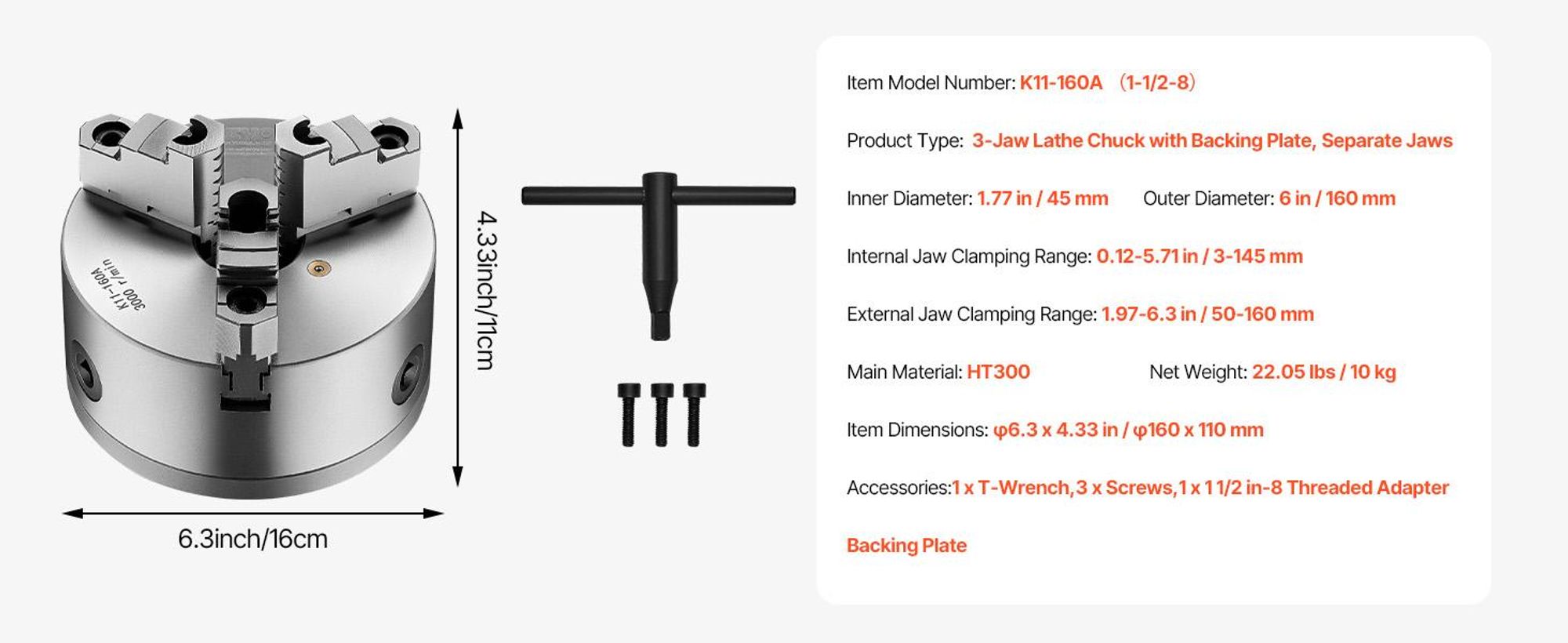 VEVOR 3-Backen-Drehfutter, 6 Zoll (160 mm), selbstzentrierendes Futter mit 1 1/2 in-8 Gewindeträgerplatte, 0,12-5,71 Zoll (3-145 mm) Spannbereich mit T-Schrauben, HT300 Material, für Holz- und Metall-Drehmaschinen, 3-Finger, 160 mm