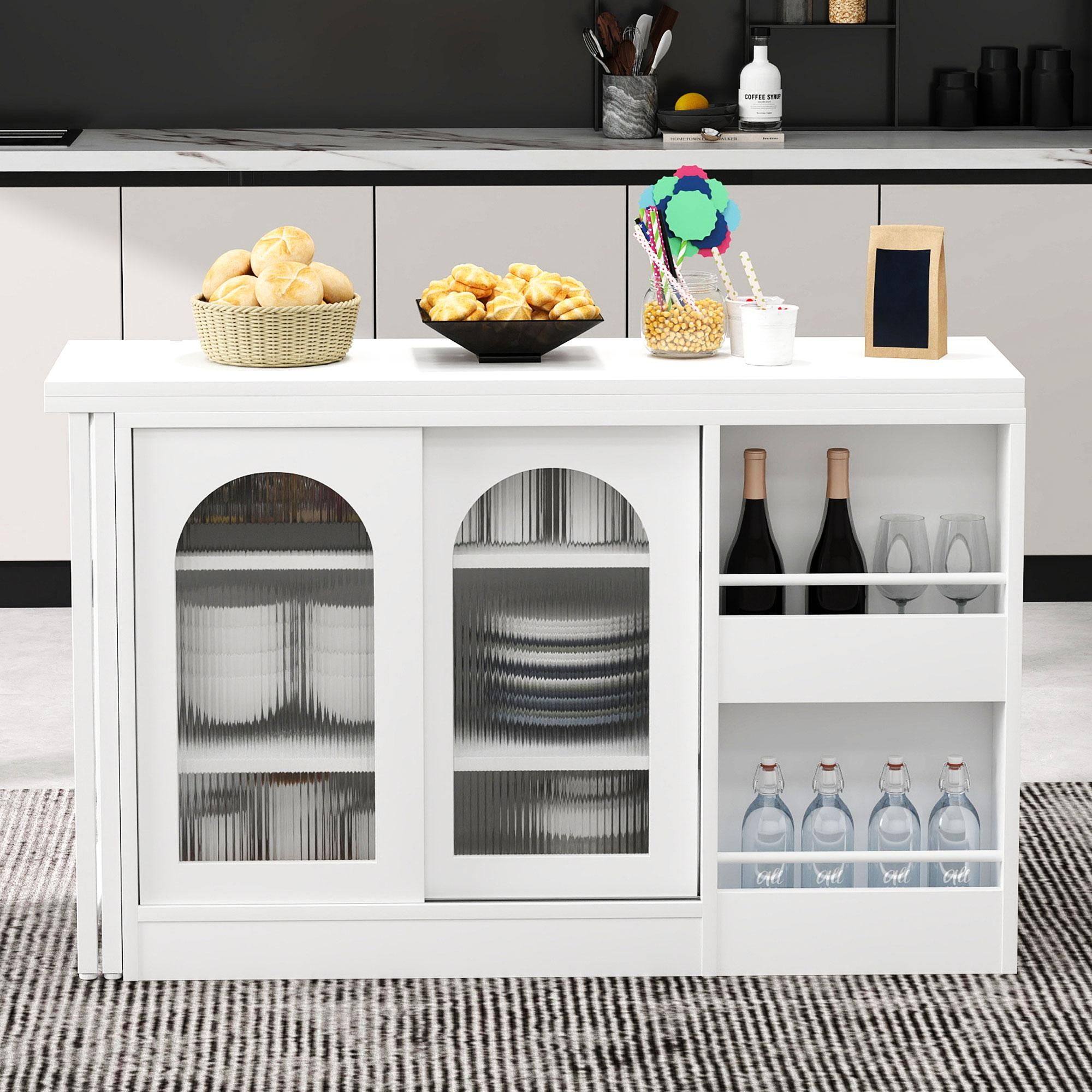 Flieks Esstisch ausziehbar, 360° drehbare Bartisch mit Stauraum, Küchentisch Kaffeebar mit Schrank, reversibel Tisch Sideboard, multifunktional, Weiß